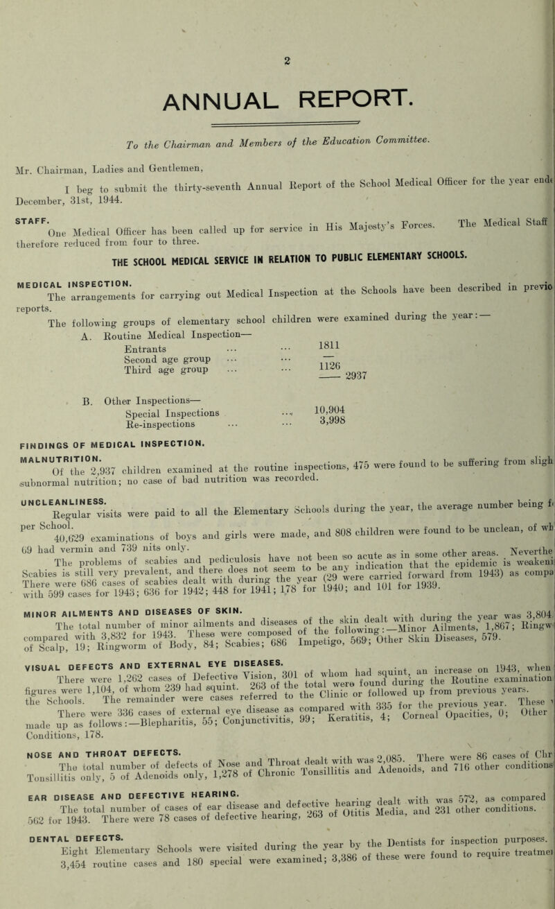 \ ANNUAL REPORT. To the Chairman and Members of the Education Committee. Mr. Chairman, Ladies and Gentlemen, I be to submit the thirty-seventh Annual Report of the School Medical Officer for the year end, December, 31st, 1944. STAFF. His Majesty’s Forces. rihe Medical Staff One Medical Officer has been called up for service in therefore reduced from four to three. THE SCHOOL MEDICAL SERVICE IN RELATION TO PUBLIC ELEMENTARY SCHOOLS. MEDICAL INSPECTION. The arrangements for carrying out Medical Inspection at the Schools have been described in previo reports The following groups of elementary school children were examined during the year:- A. Routine Medical Inspection— Entrants Second age group Third age group 1811 1126 2937 B. Other Inspections— Special Inspections Re-inspections 10,994 3,998 FINDINGS OF MEDICAL INSPECTION. MALNUTfimON^ examined at the routine inspections, 475 were found to be suffering from sligh subnormal nutrition; no case of bad nutrition was recorded. UNCL™arffisiffi were paid to all the Elementary Schools during the year, the average number being f. Per SCh40,l«9 examinations of boys and girls were made, and 808 children were found to be unclean, of wl, 69 had vermin and 739 nits only. . .-i _ TVuverthe The problems of scabies and pediculosis have not fndfclw^ is weaken! Scabies is still very prevalent, and there does not seem to > ried forward from 1943) as compa b?etr T&, tXo. 569; Other 8kiu Diseases, 570. V'Tr 1,262 cases of Defective Visbn, 301 of Jh”0^LTdunng' the' Routine JxaminatSn to the Clinic - ‘^tThlTevr^r^ese There were 336 cases of external eye.d,sense as Formal Opacities, 0; Other made up as follows i-Blepharitis, 55; Conjunctivitis, 99, Keratitis, 4, Conditions, 178. NOSE AND THROAT DEFECTS. There were 86 cases of Chr Tonsillitis only! Ait CsilSis an,f Adenoids, and 716 other conditions EAR DISEASE AND DEFECTIVE HEARING. , , 572, as compared The total number of cases of ear disease and defective e^nn^ • 231 tlier collditions. 562 for 1943. There were 78 cases of defective hearing, 263 of Otitis Media, anu DENTAL DEFECTS. ...... ,, „„„ 1 TTontists for inspection purposes Eight Elementary Schools were visited during ey to ire treatmej 3,454 routine cases and 180 special were examined, 3,386 ot these *e