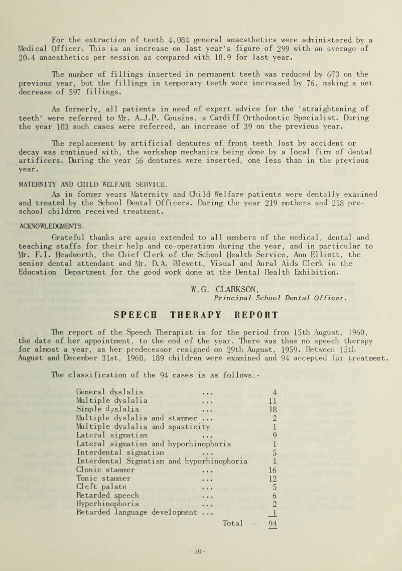 For the extraction of teeth 4,084 general anaesthetics were administered by a Medical Officer. This is an increase on last year’s figure of 299 with an average of 20.4 anaesthetics per session as compared with 18.9 for last year. The number of fillings inserted in permanent teeth was reduced by 673 on the previous year, but the fillings in temporary teeth were increased by 76, making a net decrease of 597 fillings. As formerly, all patients in need of expert advice for the ‘straightening of teeth’ were referred to Mr. A.J.P, Cousins, a Cardiff Orthodontic Specialist, During the year 103 such cases were referred, an increase of 39 on the previous year. The replacement by artificial dentures of front teeth lost by accident or decay was Continued with, the workshop mechanics being done by a local firm of dental artificers. During the year 56 dentures were inserted, one less than in the previous year. MATERNITY AND CHILD WELFARE SERVICE. As in former years Maternity and Child Welfare patients were dentally examined and treated by the School Dental Officers. During the year 219 mothers and 218 pre- school children received treatment. ACKNOWLEDGMENTS. Grateful thanks are again extended to all members of the medical, dental and teaching staffs for their help and co-operation during the year, and in particular to Mr. F.I. Headworth, the Chief Clerk of the School Health Service, Ann Elliott, the senior dental attendant and Mr. D.A. Blewett, Visual and Aural Aids Clerk in the Education Department for the good work done at the Dental Health Exhibition. W.G. CLARKSON, Principal School Dental Officer. SPEECH THERAPY REPORT The report of the Speech Therapist is for the period from 15th August, 1960, the date of her appointment, to the end of the year. There was thus no speech therapy for almost a year, as her predecessor resigned on 29th August, 1959. Between 15th August and December 31st, 1960. 189 children were examined and 94 accepted foi treatment. The classification of the 94 cases is as follows:- General dyslalia ... 4 Multiple dyslalia ... 11 Simple d/slalia ... 18 Multiple dyslalia and stammer ... 2 Multiple dyslalia and spasticity 1 Lateral sigmatism ... 9 Lateral sigmatism and hyporhinophoria 1 Interdental sigmatism ... 5 Interdental Sigmatism and hyporhinophoria 1 Clonic stammer ... 16 Tonic stammer ... 12 Cleft palate ... 5 Retarded speech ... 6 Hyperhinophoria ... 2 Retarded language development ... _1 Total - 94 iO-