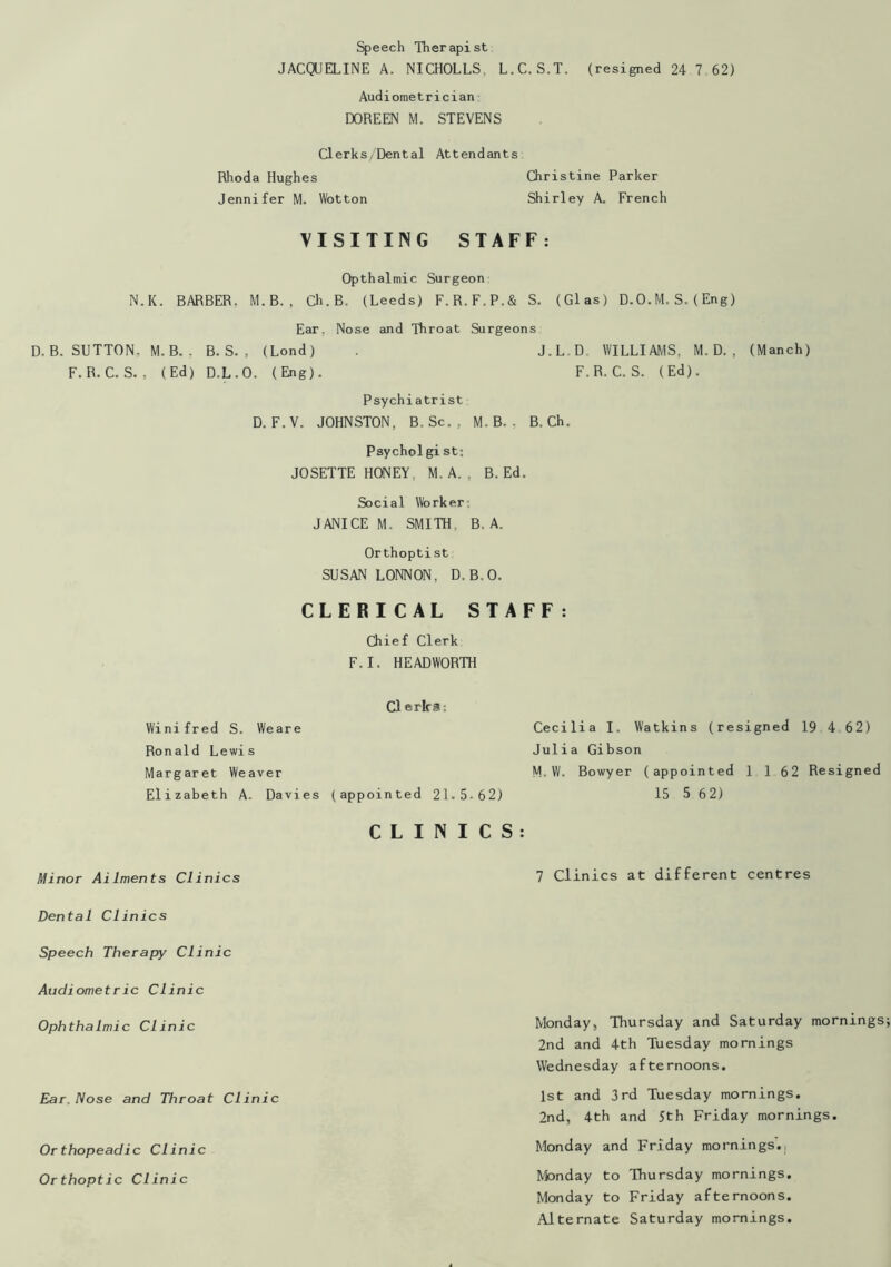 Speech Therapist JACQUELINE A. NICHOLLS, L.C.S.T. (resigned 24 7 62) Audiometrician DOREEN M. STEVENS Clerks/Dental Attendants Rhoda Hughes Christine Parker Jennifer M. Wotton Shirley A. French VISITING STAFF: Opthalmic Surgeon N.K. BARBER, M.B., Ch.B. (Leeds) F.R.F.P.& S. (Glas) D.O.M. S. (Eng) Ear. Nose and Throat Surgeons D. B. SUTTON, M. B. , B. S. , (Lond) J.L D WILLIAMS, M. D. , (Manch) F.R.C.S., (Ed) D.L.O. (Eng). F.R.C.S. (Ed). Psychiatrist D. F. V. JOHNSTON, B. Sc. , M. B. , B. Ch. Psycholgist: JOSETTE HONEY M.A., B. Ed. Social Worker: JANICE M. SMITH. B. A. Orthoptist SUSAN LONNON, D. B, 0. CLERICAL STAFF: Chief Clerk F.I. HEADWORTH Cl erlrs: Winifred S. Weare Ronald Lewis Margaret Weaver Elizabeth A. Davies (appointed 21.5-62) Cecilia I. Watkins (resigned 19 4 62) Julia Gibson M.W. Bowyer (appointed 1 1 62 Resigned 15 5 62) CLINICS: Minor Ailments Clinics Dental Clinics Speech Therapy Clinic Audiometric Clinic Ophthalmic Clinic Ear. Nose and Throat Clinic Or thopeadic Clinic Orthoptic Clinic 7 Clinics at different centres Monday, Thursday and Saturday mornings 2nd and 4th Tuesday mornings Wednesday afternoons. 1st and 3rd Tuesday mornings. 2nd, 4th and 5th Friday mornings. Monday and Friday mornings.| Monday to Thursday mornings. Monday to Friday afternoons. Alternate Saturday mornings.