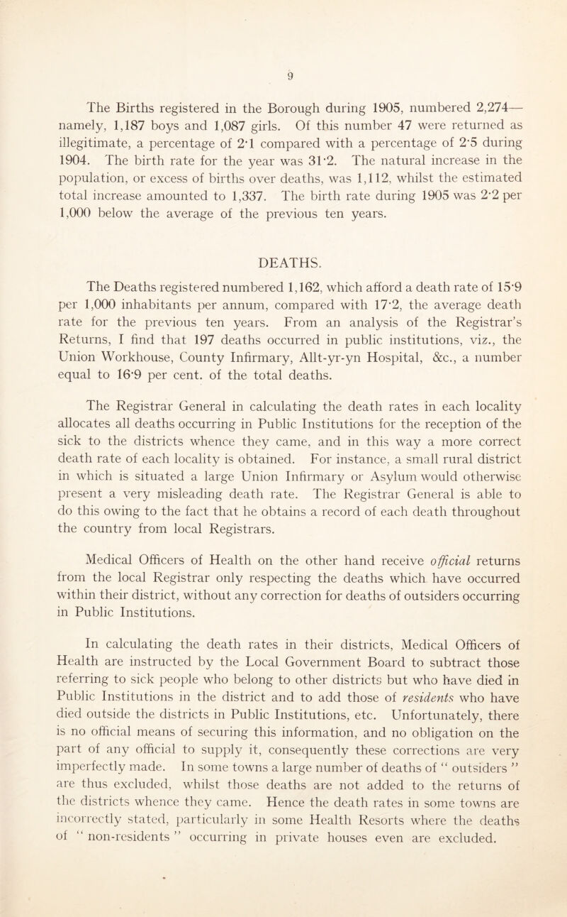 The Births registered in the Borough during 1905, numbered 2,274— namely, 1,187 boys and 1,087 girls. Of this number 47 were returned as illegitimate, a percentage of 2T compared with a percentage of 2*5 during 1904. The birth rate for the year was 3T2. The natural increase in the population, or excess of births over deaths, was 1,112, whilst the estimated total increase amounted to 1,337. The birth rate during 1905 was 2*2 per 1,000 below the average of the previous ten years. DEATHS. The Deaths registered numbered 1,162, which afford a death rate of 15*9 per 1,000 inhabitants per annum, compared with 17*2, the average death rate for the previous ten years. From an analysis of the Registrar’s Returns, I find that 197 deaths occurred in public institutions, viz., the Union Workhouse, County Infirmary, Allt-yr-yn Hospital, &c., a number equal to 16*9 per cent, of the total deaths. The Registrar General in calculating the death rates in each locality allocates all deaths occurring in Public Institutions for the reception of the sick to the districts whence they came, and in this way a more correct death rate of each locality is obtained. For instance, a small rural district in which is situated a large Union Infirmary or Asylum would otherwise present a very misleading death rate. The Registrar General is able to do this owing to the fact that he obtains a record of each death throughout the country from local Registrars. Medical Officers of Health on the other hand receive official returns from the local Registrar only respecting the deaths which have occurred within their district, without any correction for deaths of outsiders occurring in Public Institutions. In calculating the death rates in their districts. Medical Officers of Health are instructed by the Local Government Board to subtract those referring to sick people who belong to other districts but who have died in Public Institutions in the district and to add those of residents who have died outside the districts in Public Institutions, etc. Unfortunately, there is no official means of securing this information, and no obligation on the part of any official to supply it, consequently these corrections are very imperfectly made. In some towns a large number of deaths of outsiders ” are thus excluded, whilst those deaths are not added to the returns of the districts whence they came. Hence the death rates in some towns are incorrectly stated, particularly in some Health Resorts where the deaths of “ non-residents ” occurring in private houses even are excluded.