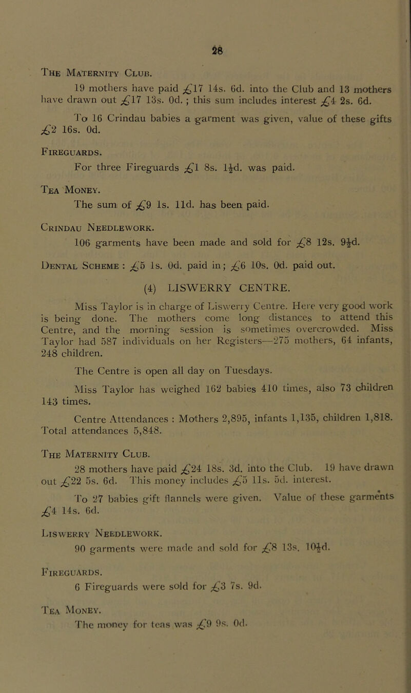 The Maternity Club. 19 mothers have paid ^T7 14s. Gd. into the Club and 13 mothers Iiave drawn out ;^17 13s. Od. ; this sum includes interest 2s. 6d. J'o 16 Crindau babies a garment was given, value of these gifts 16s. Od. Fireguards. For three Fireguards 8s. l^d. was paid. Tea Money. The sumi of Is. lid. has been. paid. Crindau Needlework. 106 garments have been made and sold for ;4'8 12s. 9^d. Dental Scheme : ;^'6 Is. Od. paid in; ;^'6 10s. Od. paid out. (4) LISWERRY CENTRE. Miss Ta}'lor is in charge of Lisweny Centre. Here very good work is being done. The mothers come long distances to attend this Centre, and the morning session is sometimes overcrowded. Miss Taylor had 587 individuals on her Registers—275 mothers, 64 infants, 248 children. The Centre is open all day on Tuesdays. Miss Taylor has weighed 162 babies 410 times, also 73 children 143 times. Centre Attendances : Mothers 2,895, infants 1,135, children 1,818. Total attendances 5,848. The Maternity Club. 28 mothers have i>aid ;^24 18s. 3d. into the Club. 19 have drawn out ^22 5s. 6d. I'his money includes ;£’5 11s. 5d. interest. To 27 babies g'ft llanncls were given. Value of these garme'nts 14s. 6d. Liswerry Needlework. 90 garments were made and sold for ;^8 13s. 104d. F ireguards. G Fireguards were sold for ;£i^3 7s. 9d. Tea Money. The money for teas wa.s ;;^9 9s. Od.