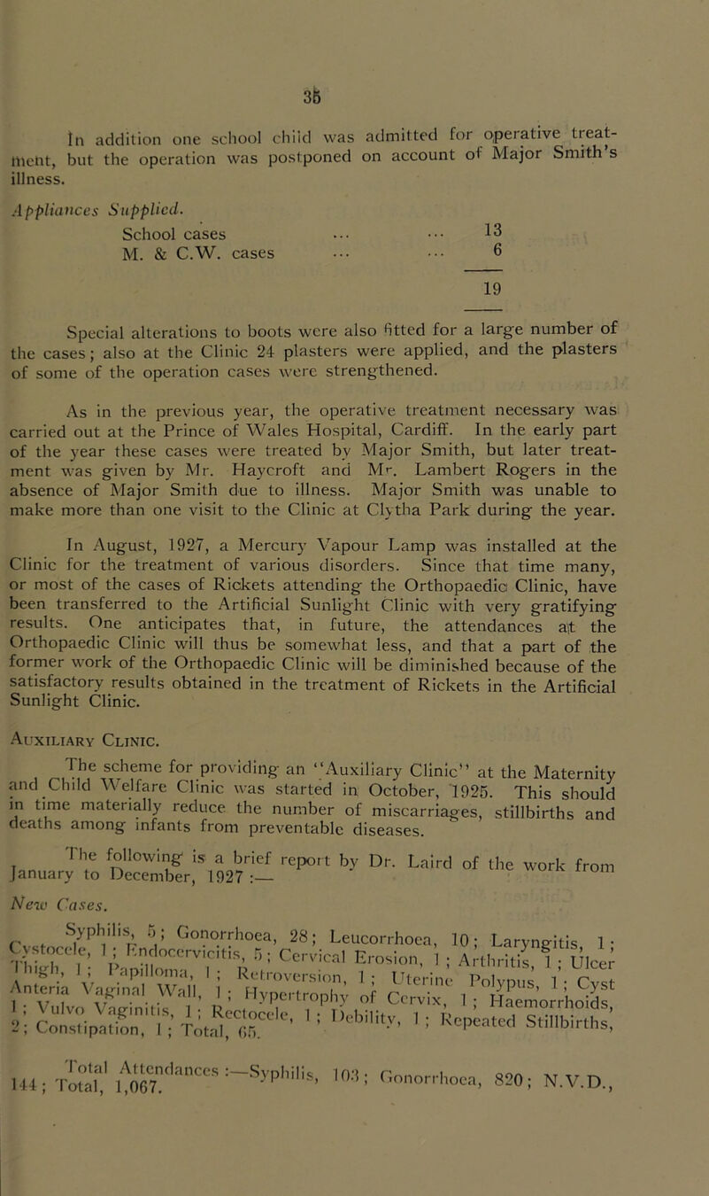 3b In addition one school child was admitted for operative treat- nietit, but the operation was postponed on account of Major Smith s illness. Appliances Supplied. School cases ••• 13 M. & C.W. cases ••• ••• 6 19 Special alterations to boots were also httcd for a large number of the cases; also at the Clinic 24 plasters were applied, and the plasters of some of the operation cases were strengthened. As in the previous year, the operative treatment necessary was carried out at the Prince of Wales Hospital, Cardiff. In the early part of the year these cases were treated by Major Smith, but later treat- ment was given by Mr. Haycroft and Mr. Lambert Rogers in the absence of Major Smith due to illness. Major Smith was unable to make more than one visit to the Clinic at Clytha Park during the year. In August, 1927, a Mercury Vapour Lamp was installed at the Clinic for the treatment of various disorders. Since that time many, or most of the cases of Rickets attending the Orthopaedic Clinic, have been transferred to the Artificial Sunlight Clinic with very gratifying results. One anticipates that, in future, the attendances at the Orthopaedic Clinic will thus be somewhat less, and that a part of the former work of the Orthopaedic Clinic will be diminished because of the satisfactory results obtained in the treatment of Rickets in the Artificial Sunlight Clinic. •Auxili.-^ry Clinic. , ^for providing an “Auxiliary Clinic” at the Maternity and Child \\elfare Clinic was started in October, 1925. This should m time materially reduce the number of miscarriages, stillbirths and deaths among infants from preventable diseases. The following is a brief report by Dr. January to December, 1927 :— Laird of the work from New Cases. Syphilisj^^^ 5; Gonorrhoea, 28; Leucorrhoea, 10; Laryngitis 1- Cystocele, 1 ; P.ndocervicitis, 5- Cervical Fi-n‘;mn l • a,-(K i tti ’ Thijrh I- l>^.,uii^ I LI osion, !; Arthritis, 1 ; Ulcer '■ sinibirths, Total Attendances :—Syohilic; 144; Total, 1,067. ’ 10.3; Gonorrhoea, 820; N.V.D.,