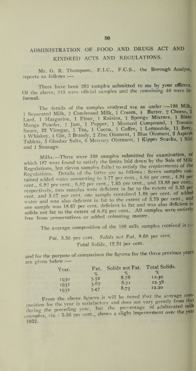 ADMINISTRATION OF FOOD AND DRUGS ACT AND . KINDRED ACTS AND REGULATIONS. Mr. G. R. Thompson, F.I.C., F.C.S., the Borough Analyst, reports as follows :— There have been 283 samples submitted to me by your ofl&cers. Of the above, 243 were official samples and the remaining 40 were in- formal. The details of the samples analysed are as under :—198 Milk, 1 Separated Milk, 2 Condensed Milk, 1 Cream, 4 Butter, 2 Cheese, 1 Lard, 1 Margarine, 1 Flour, 1 Raisins, 1 Sponge Mixture, 1 Blanc Mange Powder, 1 Jam, 1 Pepper, 1 Mustard Compound, 1 Tomato Sauce 22 Vinegar, 1 Tea, 1 Cocoa, 1 Coffee, 1 Lemonade, 11 Beer, 4 Whiskey, 4 Gin, 3 Brandy, 2 Zinc Oinment, 1 Blue Oinment, 2 Aspirin Tablets, 3 Glauber Salts, 6 Mercury Ointment, 1 Kipper Snacks, 1 Slid and 1 Sausage. Milks.—There were 198 samples submitted for examination of which 187 were found to satisfy the limits laid down by the Sale of Milk Reg-ulations, but eleven samples failed to satisfy the requirements of the Regulations. Details of the latter are as follows ; Seven samp es con- tained added water amounting to 3.77 per cent., 4.9-1 Pf ft-. l^-^ cent., 6.82 per cent., 6.82 per cent., 7.65 per cent., and 13.88 per cent., respectively, two samples were deficient in fat to the extent of cent and 3.67 per cent, one sample contained 1.88 per cent, of added water and was also deficient in fat to the extent of 3.79 per cent., and one sample was 18.67 per cent, deficient in fat and was also deficient in solids not fat to the extent of 6.82 per cent. All samples were entirely free from preservatives or added colouring matter. The average composition of the 198 milk samples received is . Fat, 3.56 per cent. Solids not Fat, 8.68 per cent. Total Solids, 12.24 per cent. ^ of comparison the figures for the three and for the purpose are given below :— Year. 1930 1931 1932 Fat. Solids not Fat. % % 3.52 8.78 3.67 8.71 3.47 8.73 previous years Total Solids. % 12.30 12.38 12.20 From the above figures it will be noted that the average coin- ^c'ltion for the vear is satisfactory and does not vary greatly from tha during the preceding year, but 'the percentage of adulterated^ .sLpfes, viz : 5.66 per cent., shows a slight improvement over the year 1932.