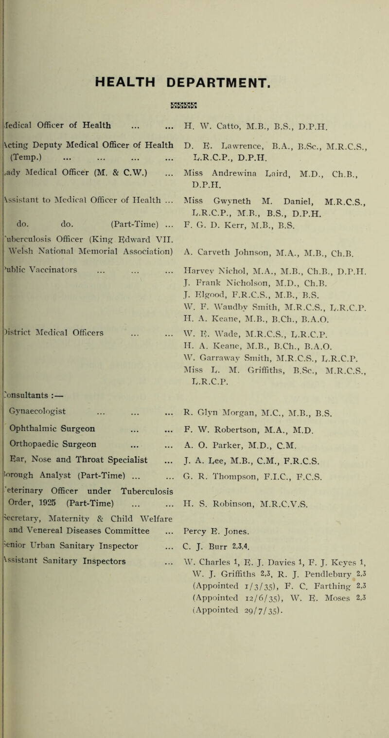 HEALTH DEPARTMENT ■ledical Officer of Health \cting Deputy Medical Officer of Health (Temp.) /ady Medical Officer (M. & C.W.) \ssistant to IMedical Officer of Health ... do. do. (Part-Time) ... 'uberculosis Officer (King Kdward VII. Welsh National Memorial Association) i'ublic Vaccinators )istrict IMedical Officers l-onsultants :— Gynaecologist Ophthalmic Surgeon Orthopaedic Surgeon j Ear, Nose and Throat Specialist iffirough Analyst (Part-Time) ... Veterinary Officer under Tuberculosis j Order, 1925 (Part-Time) Secretary, Maternity & Child Welfare and Venereal Diseases Committee h-nior Urban Sanitary Inspector Assistant Sanitary Inspectors H. W. Catto, M.B., B.S., D.P.H. D. K. Uawrence, B.A., B.Sc., M.R.C.S., E.R.C.P., D.P.H. Miss Andrewina Laird, M.D., Ch.B., D.P.H. Miss Gwyneth M. Daniel, M.R.C.S., L.R.C.P., M.B., B.S., D.P.H. F. G. D. Kerr, M.B., B.S. A. Carveth Johnson, M.A., M.B., Ch.B. Harvey Nichol, INI.A., M.B., Ch.B., D.P.H. J. Frank Nicholson, M.D., Ch.B. J. Klgoocl, F.R.C.S., M.B., B.S. W. F. Waudby Smith, M.R.C.S., L.R.C.P. H. A. Keane, M.B., B.Ch., B.A.O. W. E. Wade, M.R.C.S., L.R.C.P. H. A. Keane, M.B., B.Ch., B.A.O. W. Garraway vSmith, M.R.C.S., L.R.C.P. Miss L. M. Griffiths, B.vSc., M.R.C.S., L.R.C.P. R. Glyn Morgan, M.C., M.B., B.S. F. W. Robertson, M.A., M.D. A. O. Parker, M.D., C.M. J. A. Lee, M.B., C.M., F.R.C.S. G. R. Thompson, F.I.C., F.C.S. H. S. Robinson, M.R.C.V.S. Percy E. Jones. C. J. Burr 2,3,4. W. Charles 1, E. J. Davies 1, F. J. Keyes 1, W. J. Griffiths 2,3, R, J. Pendlebury 2,3 (Appointed 1/3/35), F. C, Farthing 2,3 (Appointed 12/6/35), W. E. Moses 2,3 (Appointed 29/7/35)-