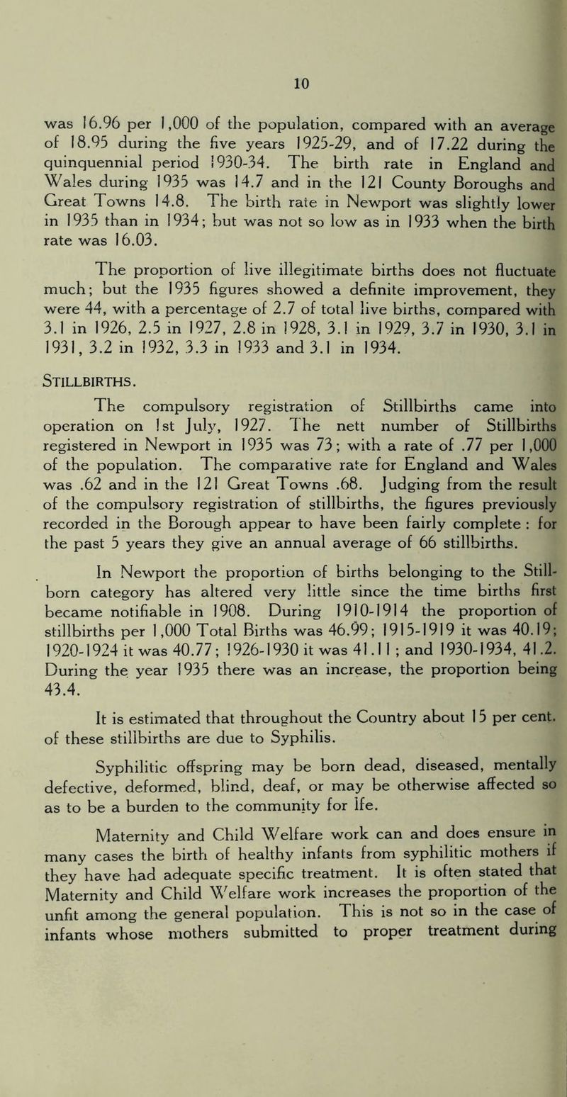was 16.96 per ) ,000 of tlie population, compared with an average of 18.95 during the five years 1925-29, and of 17.22 during the quinquennial period 1930-34. The birth rate in England and Wales during 1935 was 14.7 and in the 121 County Boroughs and Great Towns 14.8. The birth rate in Newport was slightly lower in 1935 than in 1934; but was not so low as in 1933 when the birth rate was 16.03. The proportion of live illegitimate births does not fluctuate much; but the 1935 figures showed a definite improvement, they were 44, with a percentage of 2.7 of total live births, compared with 3.1 in 1926, 2.5 in 1927, 2.8 in 1928, 3.1 in 1929, 3.7 in 1930, 3.1 in 1931, 3.2 in 1932, 3.3 in 1933 and 3.1 in 1934. Stillbirths. The compulsory registration of Stillbirths came into operation on 1st Jul}, 1927. The nett number of Stillbirths registered in Newport in 1935 was 73; with a rate of .77 per 1,000 of the population. The comparative rate for England and Wales was .62 and in the 121 Great Towns .68. Judging from the result of the compulsory registration of stillbirths, the figures previously recorded in the Borough appear to have been fairly complete : for the past 5 years they give an annual average of 66 stillbirths. In Newport the proportion of births belonging to the Still- born category has altered very little since the time births first became notifiable in 1908. During 1910-1914 the proportion of stillbirths per 1,000 Total Births was 46.99; 1915-1919 it was 40.19; 1920-1924 it was 40.77; 1926-1930 it was 41.11; and 1930-1934, 41.2. During the year 1935 there was an increase, the proportion being 43.4. It is estimated that throughout the Country about 15 per cent, of these stillbirths are due to Syphilis. Syphilitic offspring may be born dead, diseased, mentally defective, deformed, blind, deaf, or may be otherwise affected so as to be a burden to the community for Ife. Maternity and Child Welfare work can and does ensure in many cases the birth of healthy infants from syphilitic mothers if they have had adequate specific treatment. It is often stated that Maternity and Child Welfare work increases the proportion of the unfit among the general population. This is not so in the case of infants whose mothers submitted to proper treatment during
