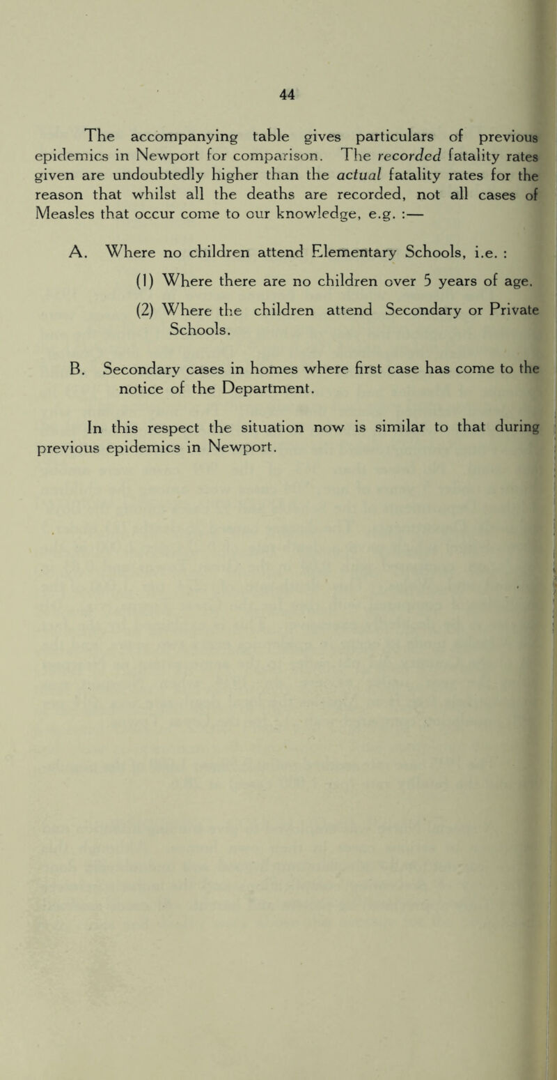The accompanying table gives particulars of previous epidemics in Newport for comparison. The recorded fatality rates given are undoubtedly higher than the actual fatality rates for the reason that whilst all the deaths are recorded, not all cases of Measles that occur come to our knowledge, e.g. ;— A. Where no children attend Elementary Schools, i.e. : (1) Where there are no children over 5 years of age. (2) Where the children attend Secondary or Private Schools. B. Secondary cases in homes where first case has come to the notice of the Department. In this respect the situation now is similar to that during previous epidemics in Newport.