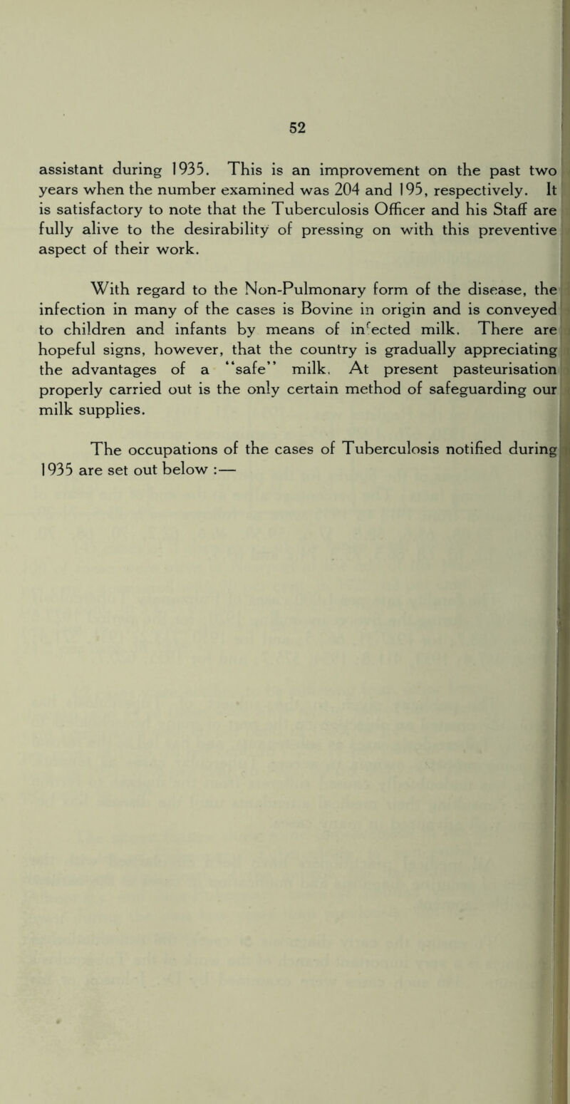 assistant during 1935. This is an improvement on the past two years when the number examined was 204 and 195, respectively. It is satisfactory to note that the Tuberculosis Officer and his Staff are fully alive to the desirability of pressing on with this preventive aspect of their work. With regard to the Non-Pulmonary form of the disease, the infection in many of the cases is Bovine in origin and is conveyed to children and infants by means of in*^ected milk. There are hopeful signs, however, that the country is gradually appreciating the advantages of a “safe” milk. At present pasteurisation properly carried out is the only certain method of safeguarding our milk supplies. The occupations of the cases of Tuberculosis notified during 1935 are set out below :—