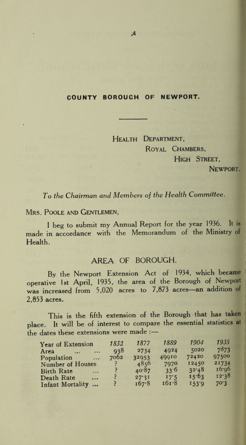 A COUNTY BOROUGH OF NEWPORT. Health Department, Royal Chambers, High Street, Newport. To the Chairman and Members of the Health Committee. Mrs. Poole and Gentlemen, I beg to submit my Annual Report for the year 1936. It is made in accordance with the Memorandum of the Ministry of Health. AREA OF BOROUGH. By the Newport Extension Act of 1934, which became operative 1st April, 1935, the area of the Borough of Newport was increased from 5,020 acres to 7,873 acres—an addition of 2,853 acres. This is the fifth extension of the Borough that has taken place. It will be of interest to compare the essential statistics at the dates these extensions were made :— Year of Extension 1832 1877 1889 1904 1935 Area 938 2734 4924 5020 7^73 Population 7062 32953 49910 72420 97500 Number of Houses ? 4856 7970 12450 21734 Birth Rate ? 40-87 33O 32*48 16*96 Death Rate ? 27-31 if 5 15*63 12*38 Infant Mortality ... i67’8 i6i-8 153*9 70*3