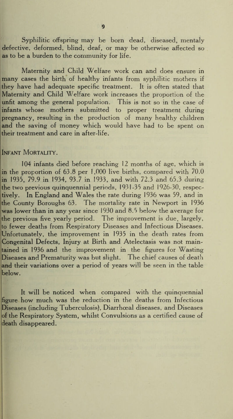 Syphilitic offspring may be born dead, diseased, mentaly defective, deformed, blind, deaf, or may be otherwise affected so as to be a burden to the community for life. Maternity and Child Welfare work can and does ensure in many cases the birth of healthy infants from syphilitic mothers if they have had adequate specific treatment. It is often stated that Maternity and Child Welfare work increases the proportion of the unfit among the general population. This is not so in the case of infants whose mothers submitted to proper treatment during ‘pregnancy, resulting in the production of many healthy children and the saving of money which would have had to be spent on their treatment and care in after-life. Infant Mortality. 104 infants died before reaching 12 months of age, which is jin the proportion of 63.8 per 1,000 live births, compared with 70.0 jin 1935, 79.9 in 1934, 93.7 in 1933, and with 72.3 and 65.3 during Ithe two previous quinquennial periods, 1931-35 and 1926-30, respec- tively. In England and Wales the rate during 1936 was 59, and in the County Boroughs 63. The mortality rate in Newport in 1936 was lower than in any year since 1930 and 8.5 below the average for 'the previous five yearly period. The improvement is due, largely, |to fewer deaths from Respiratory Diseases and Infectious Diseases. jUnfortunately, the improvement in 1935 in the death rates from iCongenital Defects, Injury at Birth and Atelectasis was not main- jtained in 1936 and the improvement in the figures for Wasting Diseases and Prematurity was but slight. The chief causes of death and their variations over a period of years will be seen in the table jbelow. It will be noticed when compared with the quinquennial figure how much was the reduction in the deaths from Infectious jDiseases (including Tuberculosis), Diarrhoeal diseases, and Diseases lof the Respiratory System, whilst Convulsions as a certified cause of jdeath disappeared. !