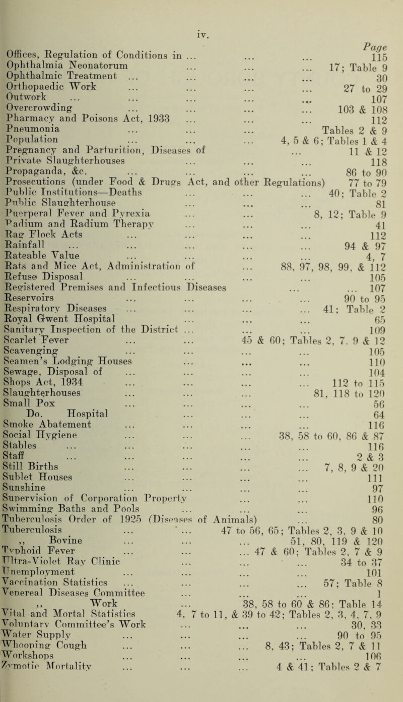 Offices, Regulation of Conditions in Ophthalmia Neonatorum Ophthalmic Treatment ... Orthopaedic Work Outwork Overcrowding Pharmacy and Poisons Act, 1933 Pneumonia Population Pregnancy and Parturition, Disease Private Slaughterhouses Propaganda, &c. Prosecutions (under Food & Drugs Public Institutions—Deaths Public Slaughterhouse Puerperal Fever and Pyrexia Padium and Radium Therapy Rag Flock Acts Rainfall Rateable Value Rats and Mice Act, Administration Refuse Disposal Registered Premises and Infectious Reservoirs Respiratory Diseases Royal Gwent Hospital Sanitary Inspection of the District Scarlet Fever Scavenging Seamen’s Lodging House Sewage, Disposal of Shops Act, 1934 Slaughterhouses Small Pox Do. Hospital Smoke Abatement Social Hygiene Stables Staff Still Births Sublet Houses Sunshine Supervision of Corporation Property Swimming Baths and Pools Tuberculosis Order of 1925 (Discos Tuberculosis ,, Bovine Tvphoid Fever TTltra-Violet Ray Clinic Unemployment Vaccination Statistics Venereal Diseases Committee ,, W ork Vital and Mortal Statistics 4, Voluntary Committee’s Work Water Supply Whooping Cough Workshops Zvmotic Mortalitv 41 45 & 60; Tables 2, Page 115 17; Table 9 30 27 to 29 107 103 & 108 112 Tables 2 & 9 4, 5 & 6; Tables 1 & 4 of ... 11 & 12 118 86 to 90 Act, and other Regulations) 77 to 79 40; Table 2 81 8, 12; Table 9 41 112 94 & 97 4, 7 ... 88, 97, 98, 99, & 112 105 )iseases ... ... 107 90 to 95 Table 2 65 109 7. 9 & 12 105 110 104 112 to 115 81, 118 to 120 56 64 116 38, 58 to 60, 86 & 87 116 2 & 3 ... 7, 8, 9 & 20 111 97 110 96 of Animals) ... 80 47 to 56, 65; Tables 2, 3, 9 & 10 51, 80, 119 & 120 ... 47 & 60; Tables 2, 7 & 9 34 to 37 101 ... 57; Table 8 1 38, 58 to 60 & 86; Table 14 7 to 11, & 39 to 42; Tables 2, 3, 4, 7, 9 30, 33 90 to 95 ... 8, 43; Tables 2, 7 & 11 106 4 & 41 ; Tables 2 & 7