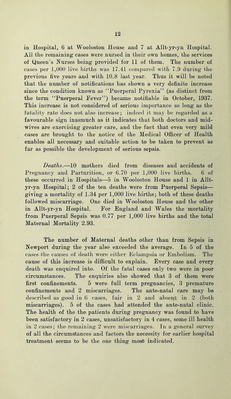 in Hospital, 6 at Wooloston House and 7 at Allt-yr-yn Hospital. All th.e remaining cases were nursed in their own homes, the services of Queen’s Nurses being provided for 11 of them. The number of cases per 1,0U0 live births was 17.41 conipared with 7.9 during the previous five years and with 10.8 last year. Thus it will be noted that the number of notifications has shown a very definite increase since the condition known as “Puerperal Pyrexia” (as distinct from the term “Pue'rperal Fever”) became noitifiable in October, 1937. This increase is not considered of serious importance so long as the fatality rate does not also increase; indeed it may be regarded as a favourable sign inasmuch as it indicates that both doctors and mid- wives are exercising greater care, and the fact that even very mild cases are brought to the notice of the Medical Ofl&cer of Health enables all necessary and suitable action to be taken to prevent as far as possible the development of serious sepsis. Deaths.—10 mothers died from diseases and accidents of Pregnancy and Parturition, or 6.70 per 1,000 live births. 6 of these occurred in Hospitals—5 in Wooloston House and 1 in Allt- yr-yn Hospital; 2 of the ten deaths were from Puerperal Sepsis— giving a mortality of 1.34 per 1,000 live births; both of these deaths followed miscarriage. One died in Wooloston House and the other in Allt-yr-yn Hospital. For England and Wales the mortality from Puerperal Sepsis was 0.77 per 1,000 live births and the total Maternal Mortality 2.93. The number of Maternal deaths other than from Sepsis in Newport during the year also exceeded the average. In 5 of the cases tlie causes of death were either Eclampsia or Embolism. The cause of this increase is difficult to explain. Every case and every death was enquired into. Of the fatal cases only two were in poor circumstances. The enquiries also showed that 3 of them were first confinements. 5 were full term pregnancies, 3 premature confinements and 2 miscarriages. The ante-natal care may be described as good in 6 cases, fair in 2 and abseqti in 2 (both miscarriages). 5 of the cases had attended the ante-natal clinic. The health of the the patients during pregnancy was found to have been satisfactory in 2 cases, unsatisfactory in 4 cases, some ill health in 2 cases; the remaining 2 were miscarriages. In a general survey of all the circumstances and factors the necessity for earlier hospital treatment seems to be the one thing most indicated.