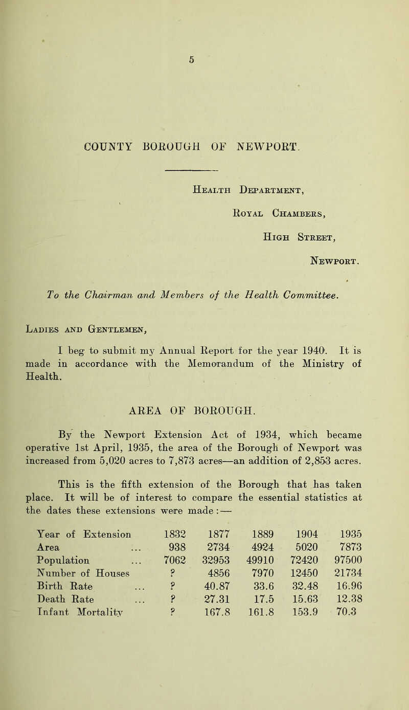 COUNTY BOEUUGH OF NEWPORT. Health Department, Royal Chambers, High Street, Newport. To the Chairman and Members of the Health Committee. Ladies and Gentlemen, I beg’ to submit my Annual Report for the year 1940'. It is made in accordance with the Memorandum of tbe Ministry of Health. AREA OF BOROUGH. By tbe Newport Extension Act of 1934, which became operative 1st April, 1935, the area of the Borough of Newport was increased from 5,020 acres to 7,873 acres—an addition of 2,853 acres. This is the fifth extension of the Borough that has taken place. It will be of interest to compare the essential statistics at the dates these extensions were made : — Year of Extension 1832 Area ... 938 Population ... 7062 Number of Houses ? Birth Rate ... ? Death Rate ... ? Infant Mortality ? 1877 1889 1904 1935 2734 4924 5020 7873 32953 49910 72420 97500 4856 7970 12450 21734 40.87 33.6 32.48 16.96 27.31 17.5 15.63 12.38 167.8 161.8 153.9 70.3