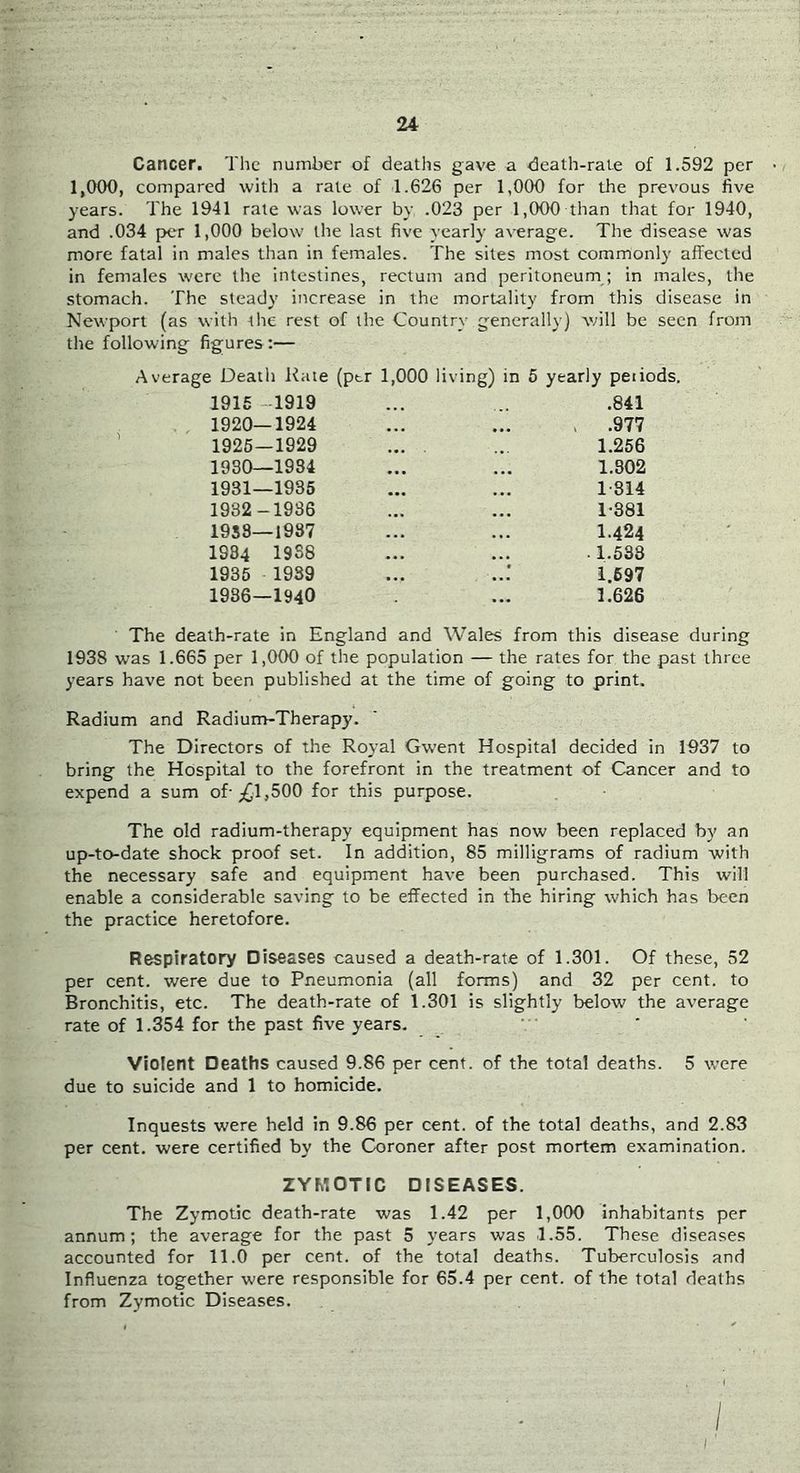 Cancer. The number of deaths gave a death-rate of 1.592 per 1,000, compared with a rate of 1.626 per 1,000 for the prevous five years. The 1941 rate was lower by .023 per 1,000 than that for 1940, and .034 per 1,000 below the last five yearly average. The disease was more fatal in males than in females. The sites most commonly affected in females were the intestines, rectum and peritoneum ; in males, the stomach. The steady increase in the mortality from this disease in Newport (as with the rest of the Country generally) v;ill be seen from the following figures:— Average Death Rate (ptr 1,000 living) in 5 yearly peiiods. 1915 -1919 .841 . 1920—1924 • • • > .977 1926—1929 1.256 1980—1984 • • • 1.302 1931—1935 • • • l'8i4 1982-1936 « • • 1-381 19S8—1987 . • 1.424 1984 1988 • • . 1.688 1935 1989 1.697 1986—1940 • •• 1.626 The death-rate in England and Wales from this disease during 1938 was 1.665 per 1,000 of the population — the rates for the past three years have not been published at the time of going to print. Radium and Radiunt-Therapy. The Directors of the Royal Gwent Hospital decided in 1937 to bring the Hospital to the forefront in the treatment of Cancer and to expend a sum of-;^l,500 for this purpose. The old radium-therapy equipment has now been replaced by an up-to-date shock proof set. In addition, 85 milligrams of radium with the necessary safe and equipment have been purchased. This will enable a considerable saving to be effected in the hiring which has been the practice heretofore. Respiratory Diseases caused a death-rate of 1.301. Of these, 52 per cent, were due to Pneumonia (all forms) and 32 per cent, to Bronchitis, etc. The death-rate of 1.301 is slightly below the average rate of 1.354 for the past five years. Violent Deaths caused 9.86 per cent, of the total deaths. 5 were due to suicide and 1 to homicide. Inquests were held in 9.86 per cent, of the total deaths, and 2.83 per cent, were certified by the Coroner after post mortem examination. ZYMOTIC DISEASES. The Zymotic death-rate was 1.42 per 1,000 inhabitants per annum; the average for the past 5 years was 1.55. These diseases accounted for 11.0 per cent, of the total deaths. Tuberculosis and Influenza together were responsible for 65.4 per cent, of the total deaths from Zymotic Diseases. I /