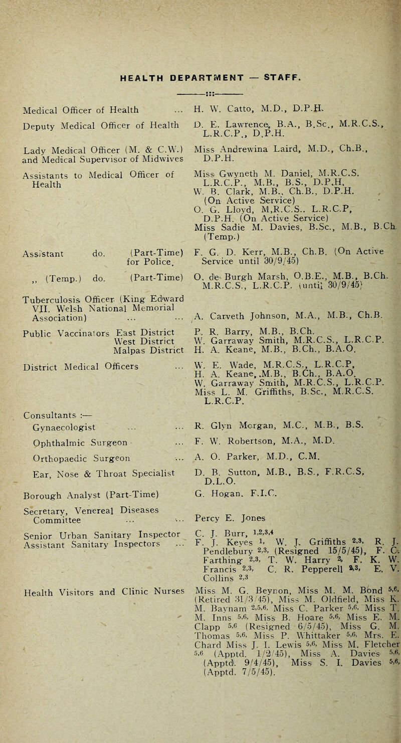 HEALTH DEPARTMENT — STAFF. Medical Officer of Health Deputy Medical Officer of Health Lady Medical Officer (M. & C.VV.) and Medical Supervisor of Midwives Assistants to Medical Officer of Health Assistant ,, (Temp.) do. (Part-Time) for Police. do. (Part-Time) Tuberculosis Officer (King Edward VII. Welsh National Memorial Association) Public Vaccinators East District West District Malpas District District Medical Officers Consultants :— Gynaecologist Ophthalmic Surgeon Orthopaedic Surgeon Ear, Nose & Throat Specialist Borough Analyst (Part-Time) Secretary, Venereal Diseases Committee Senior Urban Sanitary Inspector Assistant Sanitary Inspectors Health Visitors and Clinic Nurses H. W. Catto, M.D., D.P.H. D. E. Lawrence, B.A., B.Sc., M.R.C.S., L.R.C.P., D.P.H. Miss Andrewina Laird, M.D., Ch.B., D.P.H. Miss Gwyneth M. Daniel, M.R.C.S. L. R.C.P., M.B., B.S., D.P.H. W. B. Clark, M.B.. Ch.B., D.P.H. (On Active Service) O. G. Lloyd, M.R.C.S.. L.R.C.P, D.P.H. (On Active Service) Miss Sadie M. Davies, B.Sc., M.B., B.Ch (Temp.) F. G. D. Kerr, M.B., Ch.B. (On Active Service until 30/9/4.5) O, de- Burgh Marsh, O.B.E., M.B., B.Ch. M. R.C.S., L.R.C.P. iuntil 30/9/45; A. Carveth Johnson, M.A., M.B., Ch.B. P. R. Barry, M.B., B.Ch. W. Garraway Smith, M.R.C.S., L.R.C.P. H. A. Keane, M.B., B.Ch., B.A.O. W. E. Wade, M.R.C.S., L.R.C.P, H. A. Keane, ,M.B., B.Ch., B.A.O. W. Garraway Smith, M.R.C.S., L.R.C.P. Miss L. M. Griffiths, B.Sc., M.R.C.S. L.R.C.P. R. Glyn Morgan, M.C., M.B., B.S. F. W. Robertson, M.A., M.D. A. 0. Parker, M.D., C.M. D. B. Sutton. M.B., B.S., F.R.C.S, D.L.O. G. Hogan. F.I.C. Percy E. Jones C. J. Burr, F. J. Keyes b W. J.. Griffiths 2.s, R. j. Pendlebury 2,3, (Resigned 15/5/45), F. C. Farthing 2,3, T. W. Harry 2, F. K. W. Francis 2.3, c. R. Pepperell 2>2> E. V, Collins 2,3 Miss M. G. Beynon, Miss M. M. Bond (Retired 31/3.'45), Miss M. Oldfield, Miss K. M. Baynam 2,5,6, Miss C. Parker Miss T. M. Inns 5,6, Miss B. Hoare 5.6, Miss E. M. Clapp 5,6 (Resigmed 6/5/45), Miss G. M. Thomas 5,6, Miss P. Whittaker 5,6, Mrs. E. Chard Miss J. 1. Lewis 5,6, Miss M. Fletcher 5.6 (Apptd. l/'2/45). Miss .A.. Davie's 5.6, (Apptd. 9/4/45), Miss S. I. Davies 5,6, (Apptd. 7/5/45).