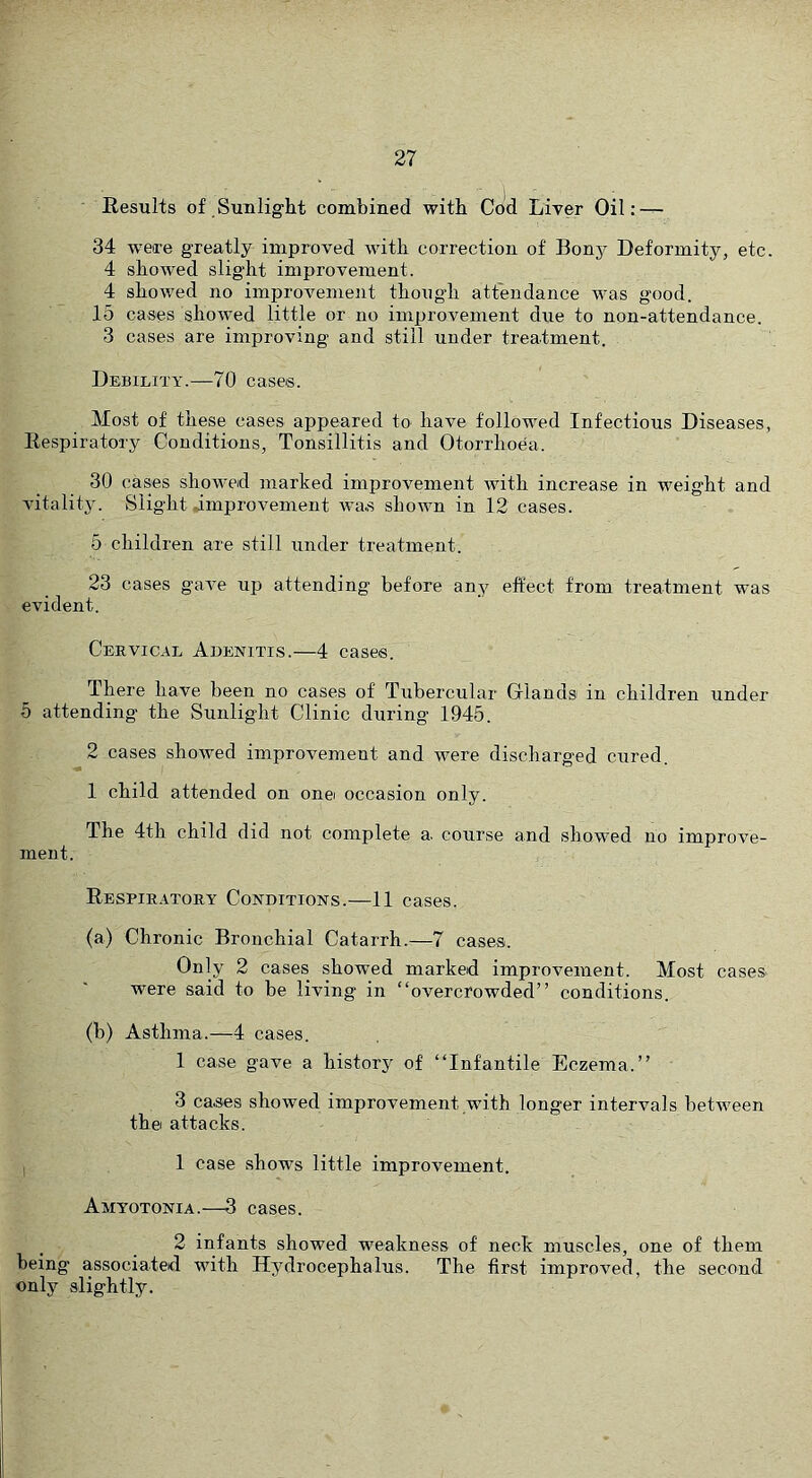 Results of Suulight combined with Cod Liver Oil: — 34 were greatly improved with correction of Bony Deformity, etc. 4 showed slight improvement. 4 showed no improvement though attendance was good. 15 cases showed little or no improvement due to non-attendance. 3 cases are improving and still under treatment. Debility.—70 cases. Most of these cases appeared to have followed Infectious Diseases, Respiratory Conditions, Tonsillitis and Otorrhoea. 30 cases showed marked improvement with increase in weight and vitality. Slight improvement wa.s shown in 12 cases. 5 children are still under treatment. 23 cases gave up attending before any effect from treatment was evident. Cervical Adenitis.—4 cases. There have been no cases of Tubercular Glands in children under 5 attending the Sunlight Clinic during 1945. 2 cases showed improvement and were discharged cured. 1 child attended on onei occasion only. The 4th child did not complete a course and showed no improve- ment. Respiratory Conditions.—11 cases. (a) Chronic Bronchial Catarrh.—7 cases. Only 2 cases showed marked improvement. Most cases were said to be living in “overcrowded” conditions. (b) Asthma.—^4 cases. 1 case gave a history of “Infantile Eczema.” 3 cases showed improvement with longer intervals between thei attacks. I 1 case shows little improvement. Amyotonia.—3 cases. 2 infants showed weakness of neck muscles, one of them being associated with Hydrocephalus. The first improved, the second only slightly.