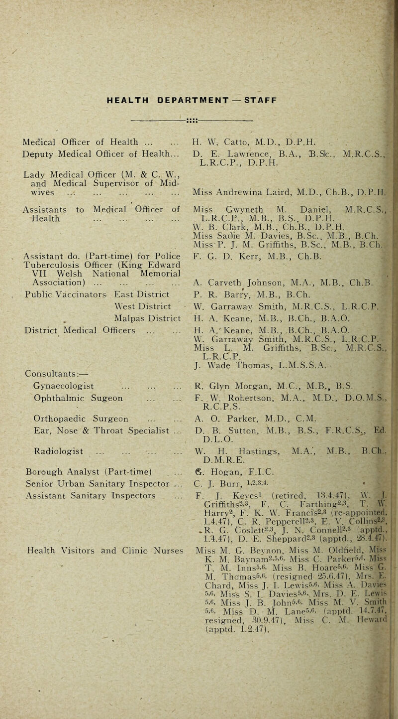 HEALTH DEPARTMENT — STAFF Medical Officer of Health Deputy Medical Officer of Health... Lady Medical Officer {M. & C. W., and Medical Supervisor of Mid- wives Assistants to Med'ical Officer of Health Assistant do. (Part-time) for Police Tuberculosis Officer (King' Edward VII Welsh National Memorial Association) Public Vaccinators East District West District . Malpas District District Medical Officers Consultants:— Gynaecologist Ophthalmic Sugeon Orthopaedic Surgeon Ear, Nose & Throat Specialist ... Radiologist Borough Analyst (Part-time) Senior Urban Sanitary Inspector ... Assistant Sanitary Inspectors Health Visitors and Clinic Nurses H. W. Catto, M.D., D.P.H. D. E. Lawrence, B.A., B.SIc., M.R.C.S., L.R.C.P., D.P.H. Miss Andrewina Laird, M.D., Ch.B., D.P.H. Miss Gwvneth M. Daniel, M.R.C.S., L.R.C.P., M.B., B.S., D.P.H. W. B. Clark, M.B., Ch.B., D.P.H. Miss Sadie M. Davies, B.Sc. M.B., B.Ch. Miss P. J. M. Griffiths, B.Sc, M.B., B.Ch. F. G. D. Kerr, M.B., Ch.B. A. Carveth Johnson, M.A., M.B., Ch.B. P. R. Barry, M.B., B.Ch. W. Garraway Smith, M.R.C.S., L.R.C.P. H. A. Keane, M.B., B.Ch., B.A.O. H. ,A..'Keane, M.B., B.Ch., B..\.0. W. Garrawav Smith, M.R.C.S., L.R.C.P. Miss L. M. Griffiths, B.Sc., M.R.C.S., L. R.C.P. J. Wade Thomas, L.M.S.S..\. R. Glyn Morgan, M.C., M.B.., B.S. F. W. Robertson, M.A., M.D., D.O.M.S., R.C.P.S. A. O. Parker, M.D., C.M. D. B. Sutton, M.B., B.S., F.R.C.S., Ed. D.L.O. W. H. Hastings, M..A.., M.B., B.Ch.. D.M.R.E. G. Hogan, F.I.C. C. J. Burr, 1.2.3,4. F. L Kevesi (retired, 1-3.4.47), W. J. Griffiths2.3, F. C. Farthing2.3, T. W. Harry2, F. K. W. Francis2,3 (re-appointed. 1.4.47), C. R. Pepperell2.3, E. V. Collins2.i', • R. G. Coslett2.3, J. N. Connell2.3 iapptd., 1.4:.47), D. E. Sheppard2.3 (apptd., ‘28.4.47). Miss M. G. Beynon, Miss M. Oldfield, Miss K. M. Baynam2.5,6, Miss C. Parker.’’.''. Miss T. M. Inns5.'>. Miss B. Hoare-i.''. Miss G. M, Tho'masS''''' (resigned ‘25.().47), Mrs. K. Chard, Miss J. I. LewisS.®. Miss .A. Davies s.®. Miss S. I Davies3.®N Mrs. D. E. Lewis 5.®. Miss J. B. John&.fi. Miss M. V. Smith 5.®. Miss D. kl. Lane®.®, (apptd. 14.7.47, resigned, .3t).9.47), Miss C. M. Heward (apptd. i.‘2.47).