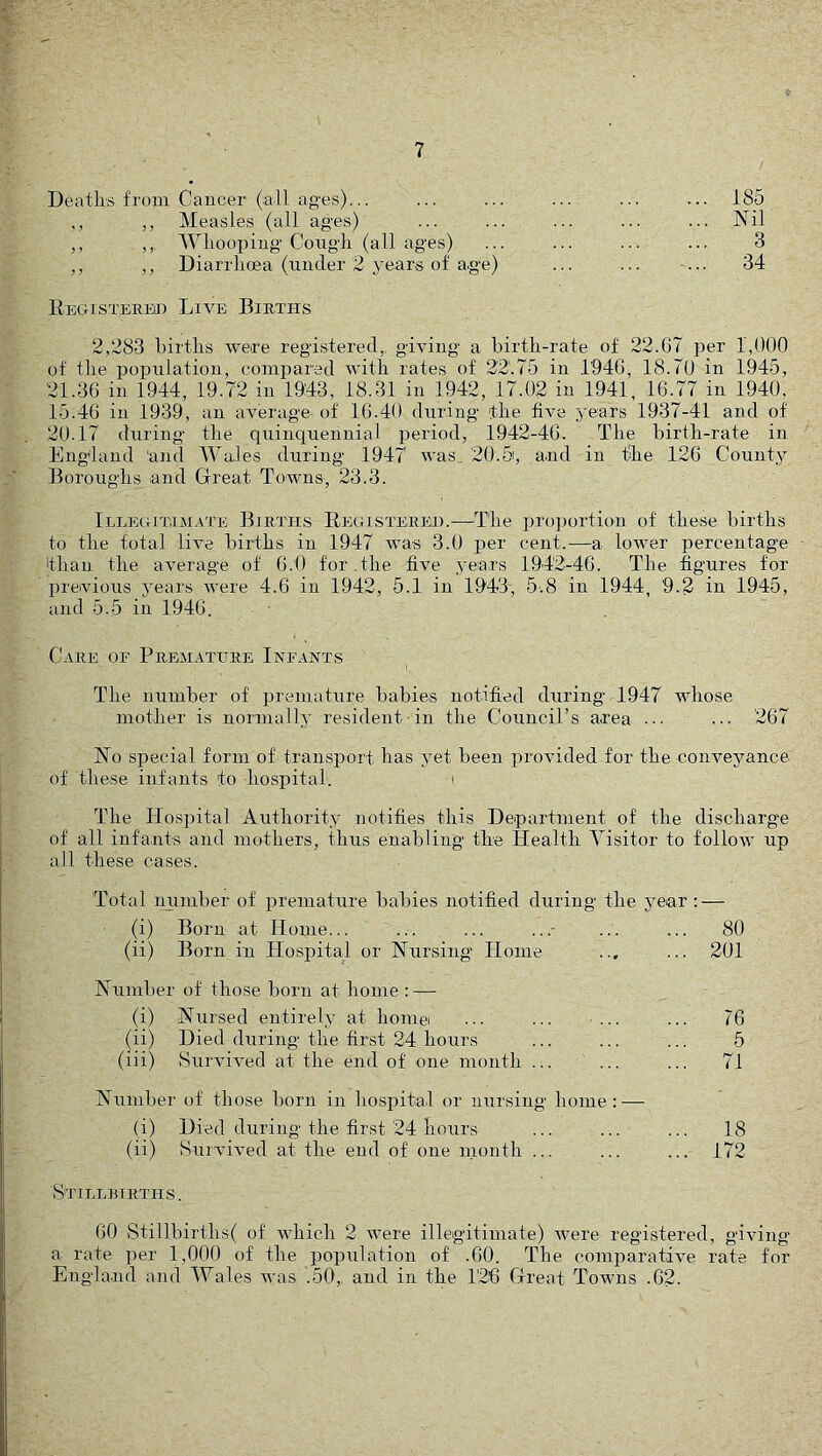 Deatlrs from Cancel- (all ages)... ... ... ... ... ... 185 ,, ,, Measles (all ages) ... ... ... ... ... Nil ,, Wlioopiug Cough (all ages) ... ... ... ... 3 ,, ,, Diarrhoea (under 2 years of age) ... ... ... 34 REGisxEKBn Live Births 2,283 hirths were registered,, giving a birth-rate of 22.G7 per 1,000 of the population, compared with rates of 22.75 in 1940, 18.70 in 1945, 21.36 in 1944, 19.72 in 1943, 18.31 in 1942, 17.02 in 1941, 16.77 in 1940, 15.46 in 1939, an average of 16.40 during the five years 1937-41 and of 20.17 during the quinquennial period, 1942-46. The birth-rate in England 'and Wales during 1947 was. 20.5, and in the 126 County Boroughs and Great Towns, 23.3. lLLE(;rriiM.\TE Births E,i-xasT.EREi).—^The pro])ortion of these births to the total liA^e births in 1947 was 3.0 per cent.—a lower percentage than the average of 6.'0 for.the five years 1942-46. The figures for previous j’ears were 4.6 in 1942, 5.1 in 1943- 5.8 in 1944, 9.2 in 1945, and 5.5 in 1946. C-iRE OF Premature Infants The number of premature babies notified during 1947 whose mother is normally resident in the Council’s area ... ... 267 No special form of transport has yet been provided for the conveyance, of these infants to hospital. > The Hosiiital Authority notifies this Department of the discharge of all infants and mothers, thus enabling tfie Healtli Visitor to follow up all these cases. Total number of premature babies notified during the year ; — (i) Born at Home... ... ... ...- ... ... 80 (ii) Born in Hospital or Nursing Home ... ... 201 Number of those born at home : — (i) Nursed entirely at homei ... ... ... ... 76 (ii) Died during the first 24 hours ... ... ... 5 (iii) Survived at the end of one month ... ... ... 71 Number of those born in hospital or nursing home: — (i) Died during the first 24 hours ... ... ... 18 (ii) Survived at the end of one month ... ... ... 172 Stilluirths. 60 Stillbirths( of which 2 were illegitimate) were registered, giving a rate per 1,000 of the population of .60. The comparative rate for England and Wales was .50,, and in the 126 Great Towns .62-