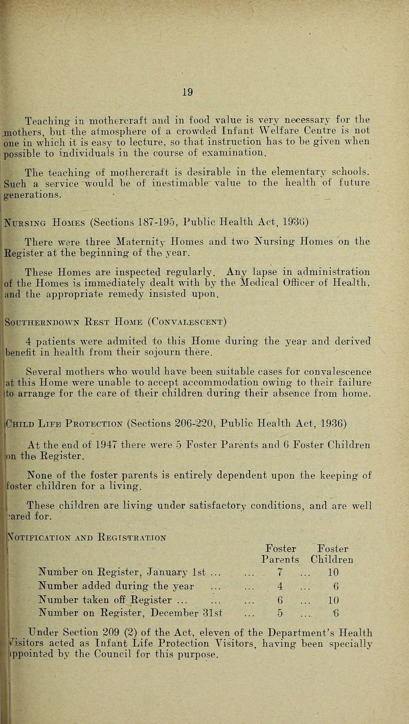 Teacliing in motliercraft and in food value- is very necessary for tlie .inotliers, but the atmosphere of a crowded Infant Welfare Centre is not one in which it is easy to lecture, so that instruction has to be given when possible to individuals in the course of examination. The teaching of mothercraft is desirable in the elementary schools. ' Such a service would be of inestimable' value to the health of future i; generations. I;Nursing Homes (Sections 187-195, Public Health Act, 19'3G) There were three Maternity Homes and two Nursing Homes on the 'Register at the beginning of thei year. 1 These Homes are inspected regularly. Any lapse in administration .|of the Homes is immediately dealt with by the Medical Officer of Health, !jand the appropriate remedy insisted upon. llSoUTHEENBOWN ReST HoME (CONVALESCENT) ji 4 patients were admited to this Home during the year and derived [benefit in health from their so,]'ourn there. f Several mothers who would have been suitable cases for convalescence at this Home were unable to accept accommodation owing to their failure to arrange for the care of their children during their absence from home. [Child Life Protection (Sections 206-220, Public Health Act, 1936) At the end of 1947 there were 5 Foster Parents and 6 Foster Children on thei Register. I None of the foster parents is entirely dependent upon the keeping of foster children for a living. These children are living under satisfactory conditions, and are well ?ared for. S’OTIFIC.ATION .■VND REGISTRATION Foster Foster Parents Children Number on Register, January 1st ... ... 7 ... 10 Number added during the year ... ... 4 ... 6 Number taken off Register ... ... ... 6 ... 10 Number on Register, December 31st ... 5 .... 6 Under Section 209 (2) of the Act, eleven of the Department’s Health Visitors acted as Infant Life Protection Visitors, having been specially ppointed by the Council for this purpose.