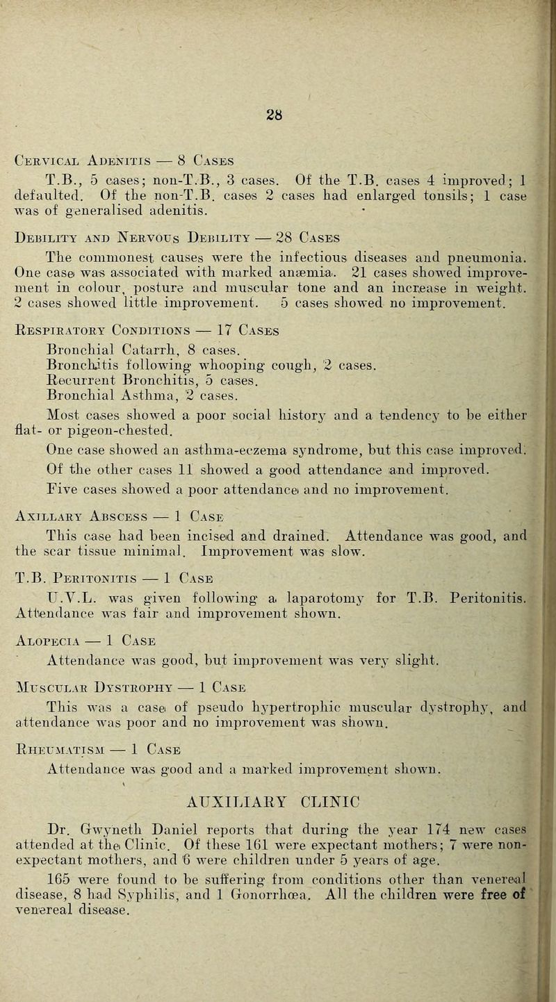 Cervical Adenitis — 8 Cases T. B., 5 cases; iiou-T.B., 3 cases. Of the T.B. cases 4 improved; 1 defaulted. Of the non-T.B. cases 2 cases had enlarged tonsils; 1 case was of generalised adenitis. Debility and Nervous Debility — 28 Cases The commonest causes were the infectious diseases and pneumonia. One case was associated with marked amemiai. 21 cases showed improve- ment in colour, posture and muscular tone and an incr.ease in weight. 2 cases showed little improvement. 6 cases showed no improvement. Bespiratory Conditions — 17 Cases Bronchial Catarrh, 8 cases. Broncliitis following whooping cough, 2 cases. Recurrent Bronchitis, 5 cases. Bronchial Asthma, 2 cases. Most cases showed a poor social historj^ and a tendency to he either flat- or pigeon-chested. One case showed an asthma-eczema syndrome, but this case imiiroved. Of the other cases 11 showed a good attendance and improved. Five cases showed a poor attendancei and no improvement. Axillary Abscess — 1 Case This case had been incised and drained. Attendance was good, and the scar tissue minimal. Improvement was slow. T.B. Peritonitis — 1 Case U. V.L. was given following a laparotomy for T.B. Peritonitis. Attendance was fair and improvement shown. Alopecia — 1 Case Attendance was good, but improvement was very slight. Muscular Dystrophy — 1 Case This was a case of pseudo hypertrophic muscular dystrophjy and attendance was poor and no improvement was shown. Rheumatism — 1 Case Attendance mbs good and a marked improvement shown. AUXITdARY CLINIC Dr. Gwyneth Daniel reports that during the year 174 new cases attended at thei Clinic. Of these IGl were expectant mothers; 7 were non- expectant mothers, and '6 Avere children under 5 years of age. 165 were found to he suffering from conditions other than venereal disease, 8 had Syphilis, and 1 Gonorrhoea. AH the children were free of venereal disease.
