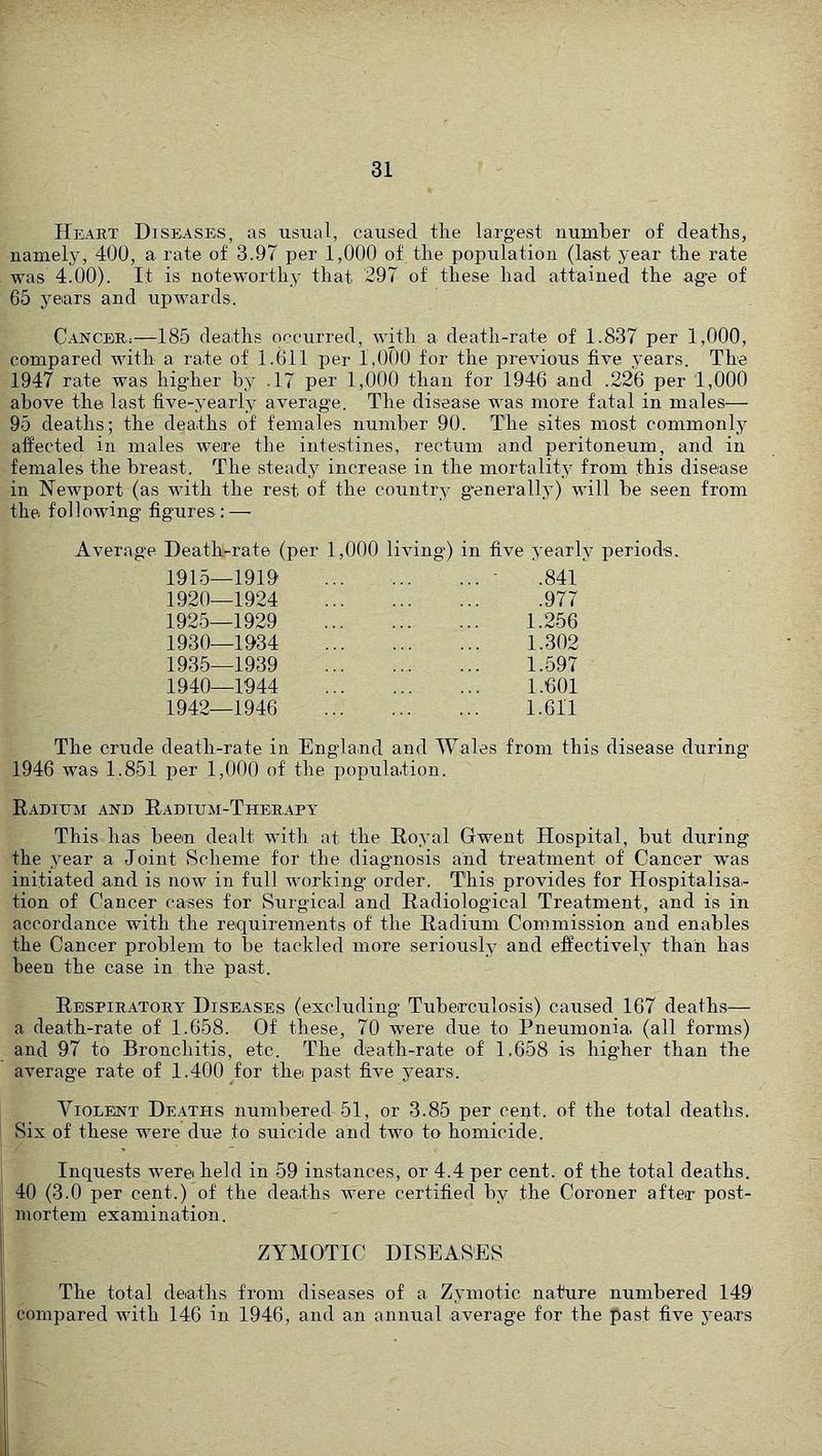 Heart Diseases, as usual, caused tlie largest number of deaths, namely, 400, a rate of 3.97 per 1,000 of the population (last year the rate was 4.00). It is noteworthy that 297 of these had attained the ag'e of 65 years and upwards. Cancer.—185 deaths occurred, with a death-rate of 1.837 per 1,000, compared with a rate of l.illl per 1,000 for the previous five years. The 1947 rate was higher by .17 per 1,000 than for 1946 and .226 per 1,000 above the last five-yearly average. The disease was more fatal in males— 95 deaths; the deaths of females number 90. The sites most commonly affected in males were the intestines, rectum and peritoneum, and in females the breast. The steady increase in the mortality from this disease in Newport (as with the rest of the country g'enerally) will be seen from the following figures : — Average Death-rate (per 1,000 living) in five yearly periods. 1915—1919 ■ .841 1920—1924 977 1925—1929 1.256 1930—1934 1.302 1935—1939 1.597 1940—1944 1.601 1942-1946 1.611 The crude death-rate in England and Wales from this disease during 1946 was 1.851 per 1,000 of the population. Radium and Radium-Therapy This has been dealt with at the Royal Gwent Hospital, but during the year a Joint Scheme for the diagmosis and treatment of Cancer was initiated and is now in full working order. This provides for Hospitalisa,- tion of Cancer cases for Surgical and Radiological Treatment, and is in accordance with the requirements of the Radium Commission and enables the Cancer problem to be tackled more seriously and effectively than has been the case in tire past. Respiratory Diseases (excluding Tuberculosis) caused 167 deaths— a death-rate of 1.658. Of these, 70 were due to Pneumonia, (all forms) and 97 to Bronchitis, etc. The death-rate of 1.658 is higher than the average rate of 1.400 for thei past five years. Violent De.-iths numbered 51, or 3.85 per cent, of the total deaths. Six of these were due to suicide and two to homicide. Inquests were held in 59 instances, or 4.4 per cent, of the total deaths. 40 (3.0 per cent.) of the dea.ths were certified by the Coroner after post- mortem examination. ZYMOTIC DISEASES The total deaths from diseases of a Zymotic nature numbered 149 compared with 146 in 1946, and an annual average for the past five yea.rs
