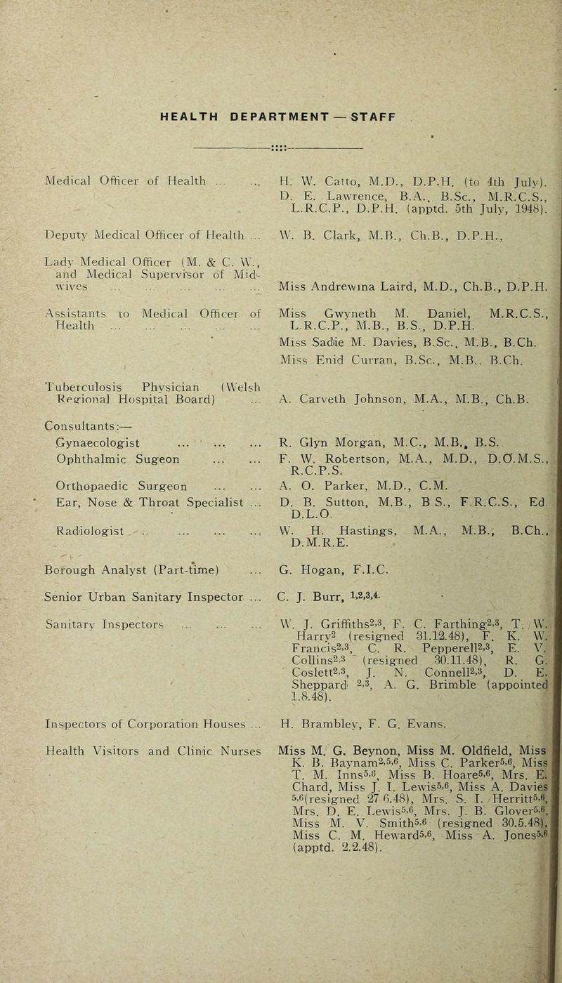 HEALTH DEPARTMENT — STAFF Medical Officer of Health H. VV. Catto, M.D., D.P.H. (to 4th July). D. E. Lawrence, B.A., B.Sc., M.R.C.S., L.R.C.P., D.P.H. (apptd. 5th July, 1948). Deputy Medical Officer of Health ... \V. B. Clark, M.B., Ch.B., D.P.H., Ladt’ Medical Officer (M. & C. vV., and Medical Supervisor of Mid- wives Miss Andre\vina Laird, M.D., Ch.B., D.P.H. Assistants to Medical Officer of Miss Gwyneth M. Daniel, M.R.C.S., Health ... L.R.C.P., M.B., B.S., D.P.H. Miss Sadie M. Davies, B.Sc., M.B., B.Ch. Miss Enid Curran, B.Sc., M.B.. B.Ch. Tuberculosis Physician (Welsh Reeional Hospital Board) ... A. Carveth Johnson, M.A., M.B., Ch.B. Consultants:—- Gynaecologfist ... ... Ophthalmic Sugeon Orthopaedic Surgeon Ear, Nose & Throat Specialist ... Radiologist .. , R. Glyn Morgan, M.C., M.B., B.S. F. W. Robertson, M.A., M.D., D.O.M.S., R.C.P.S. A. O. Parker, M.D., C.M. D. B. Sutton, M.B., B S., F.R.C.S., Ed. D.L.O. W. H. Hastings, M.A., M.B.. B.Ch., D.M.R.E. Borough Analyst (Part-time) G. Hogan, F.I.C. Senior Urban Sanitary Inspector ... C. J. Burr, 1.2,3,4. Sanitary Inspectors W. J. Griffiths^.S, F. C. Farthing2.3, T. W. Harry2 (resigned 31.12.48), F. K. W. Francis2.3, C. R. PepperelH.s, E. V. Collins2.2 ‘ (resigned -30.11.48), R. G. Coslett2.3, J. N. Connell2,3, D. E. Sheppard' ^’2, .A. G. Brimble (appointed 1.8.48). Inspectors of Corporation Houses ... H. Brambley, F. G. Evans. Health Visitors and Clinic Nurses Miss M. G. Beynon, Miss M. Oldfield, Miss K. B. Baynam2,5,6, Miss C. Parker^.e, Miss T. M. Inns2'2, Miss B. Hoare^.®, Mrs. E. Chard, Miss J. 1. LewisS.e, Miss A. Davies 2-®(resigned 27 G.48), Mrs. S. 1. Herritt^-®, Mrs. D. E. LewisS.s, Mrs. J. B. Glover^-'’, Miss M. V. Smith5-6 (resigned 30.5.48), Miss C. M. Rewards.®, Miss A. Jones*.® (apptd. 2.2.48).