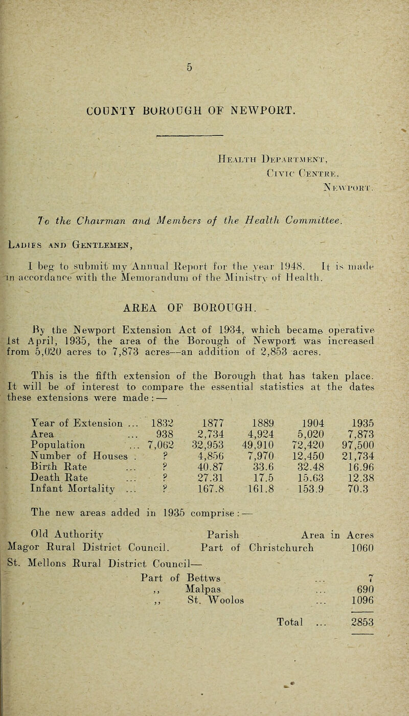COll^iTY BUHUUGH OF NEWPOET. Health l)EPAirL.MENT, Civic Centkk, 'NeWT’OKT. Tc the Chairvian and Members of the Health Committee. Ladies amd Gentlemein, I beg to submit my Aunual Rejiort for the year 1948. It is made H1 accordance vsdtli the Memorandum of the Ministry of Health. AEEA OF BOEOUGH. - By the INewport Extension Act of 19'34, which became, operative. 1st April, 1935, the area of the Borough of Newport was increased from 5,020 acres to 7,873 acres^—an addition of 2,853 acres. This is the fifth extension of the Borough that has taken place. It will be of interest to compare the essential statistics at the dates these extensions were made: — Year of Extension ... 1832 1877 1889 1904 1935 Area 938 2,734 4,924 5,020 7,873 Population 7,062 32,953 49,910 72,420 97,500 Number of Houses . ? 4,856 7,970 12,450 21,734 Birth Eate 9 40.87 33.6 32.48 16.96 Death Eate ? 27.31 17.5 15.63 12.38 Infant Mortality ... ? 167.8 161.8 153.9 70.3 The new areas added in 1935 comprise ; — Old Authority Parish Area in Acres ;’or Eural District Council. Part of Christchurch 1060 St. Mellons Eural District Council— Part of Bettws ,, Malpas , ,, St. Woolos 690 1096 2853 Total