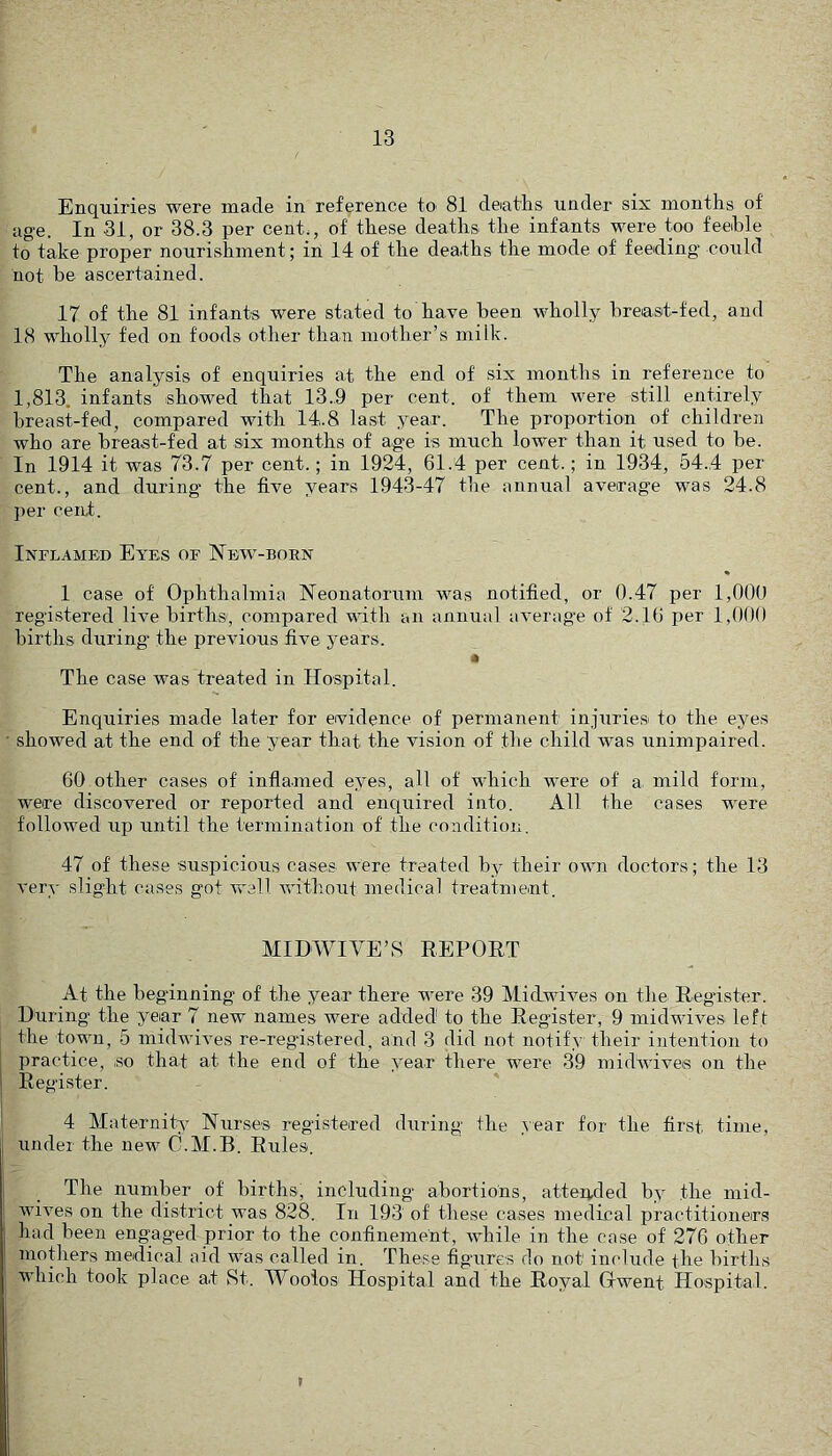 Enquiries were made in reference tO' 81 deatlis under six months of ag-e. In 31, or 38.3 per cent., of these deaths the infants were too feehle to take proper nourishment; in 14 of the deaths the mode of feeding could not be ascertained. 17 of the 81 infants were stated to have been wholly breast-fed, and 18 wholly fed on foods other than mother’s milk. The analysis of enquiries at the end of six months in reference to 1,813. infants showed that 13..9 per cent, of them were still entirely breast-fed, compared with 14.8 last year. The proportion of children who are breast-fed at six months of age is much lower than it used to be. In 1914 it was 73.7 per cent.; in 1924, 61.4 per cent.; in 1934, 54.4 per cent., and during the five years 1943-47 the annual average was 24.8 l)er cent. Inflamed Eyes of New-boen 1 case of Ophthalmia Neonatorum was notified, or 0.47 per 1,000 registered live births, compared with an annual average of 2.16 per 1,000 births during the previous five years. The case was treated in Hospital. Enquiries made later for evidence of permanent injuries to the eyes showed at the end of the year that the vision of the child was unimpaired. 60 other cases of inflamed eyes, all of which were of a. mild form, were discovered or reported and enquired into. All the cases were followed up until the termination of the condition, 47 of these suspicious cases were treated by their own doctors; the 13 very slight cases got well witliout medical treatment. MIDWIVE’S REPOET At the beginning of the year there were 39 MicLwives on the Register. During the year 7 new names were added to the Register, 9 midwives left the town, 5 midwives re-registered, and 3 did not notif.v their intention to practice, so that at the end of the year there were 39 midwives on the Register. 4 Maternity Niirses registered during the .^ear for the first time, under the new C.M.B. Rules. The number of births, including abortions, attended by the mid- wives on the district was 828. In 193 of these cases medical practitioners had been engaged prior to the confinement, while in the case of 276 other mothers medical aid was called in. These figures do not include the births which took place at St. Woolos Hospital and the Royal Glwent Hospital.