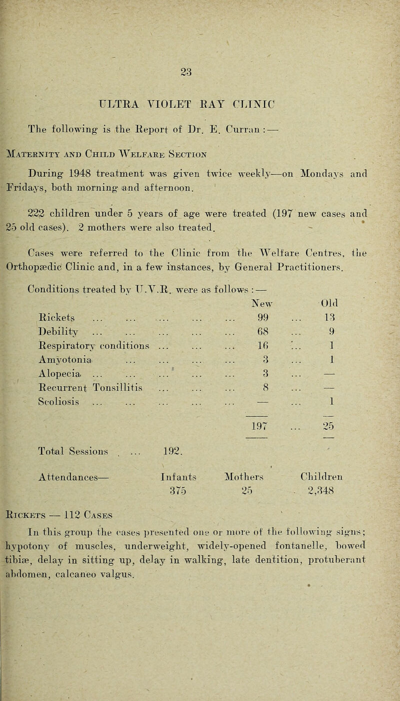 ULTEA VIOLET EAY CTJNIC The following’ is the Eeport of Dr. E. Cnrran : — Maternity and Child Welfare: Secxtion During- 1948 treatment was given twice weekly-—on Mondays and Fridays, both morning and afternoon. 222 children under 5 years of age were treated (197 new cases and 25 old cases). 2 mothers were also treated. Gases were referred to the Clinic from the Welfare Centres, the Orthopaedic Clinic and, in a few instances, by General Practitioners. Conditions treated by IT.V.E. were as follows : — New Rickets ... ... ... ... ... 99 Debility ... ... ... ... ... 68 Respiratory conditions ... ... ... 16 Amyotonia ... ... ... ... 3 Alopecia ... ... ... ... ... 3 Recurrent Tonsillitis ... ... ... 8 Scoliosis ... ... ... ... ... — 197 Old 13 9 1 1 1 25 Total Sessions , ... 192. Attendances— Infants Mothers Children 375 25 . 2,348 Rickets — 112 Cases In this group the cases ])reseuted one or more of the f(dlowing signs; hypotony of muscles, underweight, widely-opened fontanelle, bowed tibiae, delay in sitting up, delay in walking, late dentition, protuberant abdomen, calcaneo valgus.
