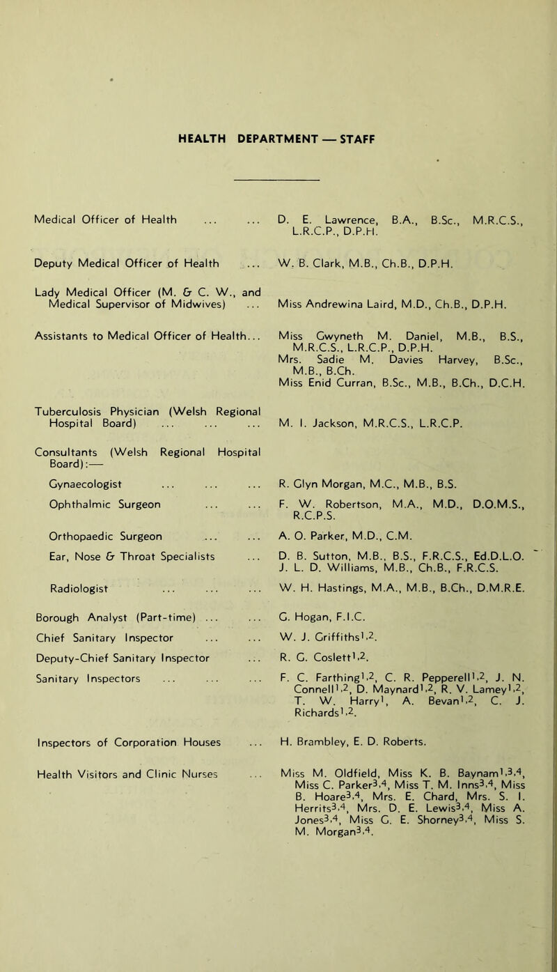 HEALTH DEPARTMENT — STAFF Medical Officer of Health Deputy Medical Officer of Health ... Lady Medical Officer (M. & C. W., and Medical Supervisor of Midwives) Assistants to Medical Officer of Health... Tuberculosis Physician (Welsh Regiona Hospital Board) Consultants (Welsh Regional Hospita Board);— Gynaecologist Ophthalmic Surgeon Orthopaedic Surgeon Ear, Nose & Throat Specialists Radiologist Borough Analyst (Part-time) ... Chief Sanitary Inspector Deputy-Chief Sanitary Inspector Sanitary Inspectors Inspectors of Corporation Houses Health Visitors and Clinic Nurses D. E. Lawrence, B.A., B.Sc., M.R.C.S.. L.R.C.P., D.P.H. W, B. Clark, M.B., Ch.B., D.P.H. Miss Andrewina Laird, M.D., Ch.B., D.P.H. Miss Gwyneth M. Daniel, M.B., B.S., M.R.C.S., L.R.C.P., D.P.H. Mrs. Sadie M. Davies Harvey, B.Sc., M.B., B.Ch. Miss Enid Curran, B.Sc., M.B., B.Ch., D.C.H. M. I. Jackson, M.R.C.S., L.R.C.P. R. Clyn Morgan, M.C., M.B., B.S. F. W. Robertson, M.A., M.D., D.O.M.S., R.C.P.S. A. O. Parker, M.D., C.M. D. B. Sutton, M.B., B.S., F.R.C.S., Ed.D.L.O. J. L. D. Williams, M.B., Ch.B., F.R.C.S. W. H. Hastings, M.A., M.B., B.Ch., D.M.R.E. G. Hogan, F.I.C. W. J. Griffiths'.2, R. G. Coslett'.2. F. C. Farthing'.2, C. R. PepperelM’^, J. N. Connell''2, D. Maynard'.2, R, V. Lamey'.2, T. W. Harry', A. Sevan'.2, C. J. Richards' .2. H. Brambley, E. D. Roberts. Miss M. Oldfield, Miss K. B. Baynam'.^.'t, Miss C. Parker3.4, Miss T. M. Inns^.'^, Miss B. Hoare3.'^, Mrs. E. Chard, Mrs. S. I. HerritsS.'^, Mrs. D. E. Lewis^.'', Miss A. Jones^.^, Miss C. E. Shorney^.^, Miss S. M. Morgan^.^.