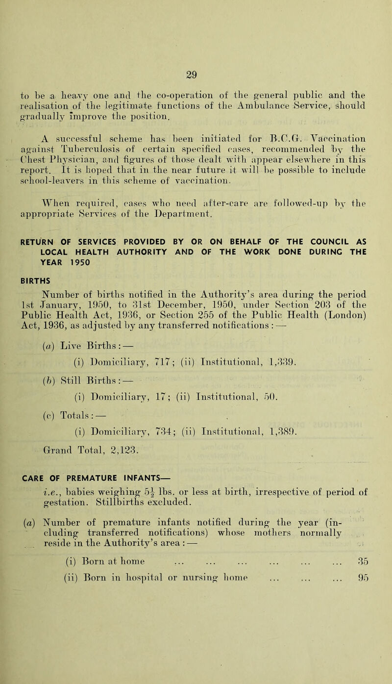 to lie :a> liea.VY one and tlie co-operation of tlie general public and the realisation of the legitimate functions of the Ambulance Service, should gradually improve the position. A successful scheme has been initiated for B.C.rt. Vaccination against Tuberculosis of certain specified cases, recommended by the (hiest Phj’sician, Uiud figures of those dealt with appear elsewhere in this report. It is hoped that in the near future it will be povssible to include school-leavers in this scheme of vaccination. When required, cases who need after-care are followed-up by the appropriate Services of the Department. RETURN OF SERVICES PROVIDED BY OR ON BEHALF OF THE COUNCIL AS LOCAL HEALTH AUTHORITY AND OF THE WORK DONE DURING THE YEAR 1950 BIRTHS Number of births notified in the Authority’s area during the period 1st -lanuary, 1950, to 31st December, 1950, under Section 203 of the Public Health Act, 1936, or Section 255 of the Public Health (London) Act, 1936, as adjusted by any transferred notifications : — (a) Live Births; — (i) Domiciliary, 717; (ii) Institutional, 1,339. {h) Still Births: — (i) Domiciliary, 17; (ii) Institutional, 50. (c) Totals: — (i) Domiciliary, 734; (ii) Institutional, 1,389. Grraiid Total, 2,123. CARE OF PREMATURE INFANTS— i.e., babies weighing bj lbs. or less at birth, irrespective of period of gestation. Stillbirths excluded. (a) Number of premature infants notified during the year (in- cluding transferred notifications) whose mothers normally reside in the Authority’s area : — (i) Born at home ... ... ... ... ... ... 35 (ii) Born in hospital or nursing borne ... ... ... 95