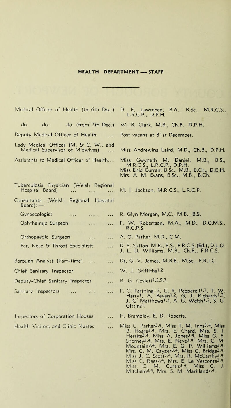 HEALTH DEPARTMENT —STAFF Medical Officer of Health (to 6th Dec.) do. do. do. (from 7th Dec.) Deputy Medical Officer of Health Lady Medical Officer (M, & C. W., and Medical Supervisor of Midwives) Assistants to Medical Officer of Health... Tuberculosis Physician (Welsh Regional Hospital Board) Consultants (Welsh Regional Hospital Board):— Gynaecologist Ophthalrrijc Surgeon Orthopaedic Surgeon Ear, Nose & Throat Specialists Borough Analyst (Part-time) Chief Sanitary Inspector Deputy-Chief Sanitary Inspector Sanitary Inspectors Inspectors of Corporation Houses Health Visitors and Clinic Nurses D. E. Lawrence, B.A., B.Sc., M.R.C.S., L.R.C.P., D.P.H. W. B. Clark, M.B., Ch.B., D.P.H. Post vacant at 31st December. Miss Andrewina Laird, M.D., Ch.B., D.P.H. Miss Gwyneth M. Daniel, M.B., B.S., M.R.C.S., L.R.C.P., D.P.H. Miss Enid Curran, B.Sc., M.B., B.Ch., D.C.H. Mrs. A. M. Evans, B.Sc., M.B., B.Ch. M. I. Jackson, M.R.C.S., L.R.C.P. R. Glyn Morgan, M.C., M.B., B.S. F. W. Robertson, M.A., M.D., D.O.M.S., R.C.P.S. A. 0. Parker, M.D., C.M. D. B. Sutton, M.B., B.S., F.R.C.S.(Ed.), D.L.O. J. L. D. Williams, M.B., Ch.B., F.R.C.S. Dr. G. V. James, M.B.E., M.Sc., F.R.I.C. W. J. Griffiths'-^. R. G. Coslett'.2,5,7. F. C. Farthing'.2, C. R. Pepperell'.2, T. W. Harry', A. Bevan',2, G. J. Richards'.2, J. G. Matthews'.2, A. G. Welsh'.2, S. G. Gittins'. H. Brambley, E. D. Roberts. Miss C. Parker^.'^, Miss T. M. Inns3.'^, Miss B. Hoare3.'', Mrs. E. Chard, Mrs. S. I. Herrits3.'^, Miss A. Jones^.^, Miss G. E. Shorney3.^, Mrs. E. Neve^.^, Mrs. C. M. Mountain3,4^ Mrs. E. G. P. Williams^.^, Mrs. G. M. Cayzer3,4, Miss G. Bridge^,^, Miss J. C. Scott3,'', Mrs. R. McCarthy^.^, Miss C. Rees3.4, Mrs. E. Le Vesconte^.'^, Miss C. M. Curtis3,4, Miss C. J. Mitchem3,4, Mrs, S. M. Markland^,^.