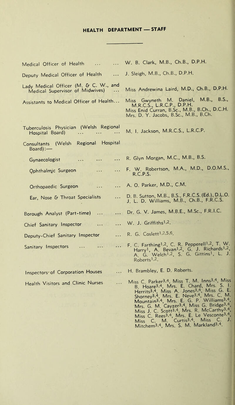 HEALTH DEPARTMENT — STAFF Medical Officer of Health Deputy Medical Officer of Health Lady Medical Officer (M. & C. W., and Medical Supervisor of Midwives) Assistants to Medical Officer of Health... Tuberculosis Physician (Welsh Regional Hospital Board) Consultants (Welsh Regional Hospital Board):— Gynaecologist Ophthairnjc Surgeon Orthopaedic Surgeon Ear, Nose & Throat Specialists Borough Analyst (Part-time) ... Chief Sanitary Inspector Deputy-Chief Sanitary Inspector Sanitary Inspectors Inspectors'of Corporation Houses Health Visitors and Clinic Nurses W. B. Clark, M.B., Ch.B., D.P.H. J. Sleigh, M.B., Ch.B., D.P.H. Miss Andrewina Laird, M.D., Ch.B., D.P.H. Miss Gwyneth M. Daniel, M.B., B.S., M.R.C.S., L.R.C.P., D.P.H. Miss Enid Curran, B.Sc., M.B., B.Ch., D.C.H. Mrs. D. Y. Jacobs, B.Sc., M.B., B.Ch. M. 1. Jackson, M.R.C.S., L.R.C.P. R. Glyn Morgan, M.C., M.B., B.S. F W Robertson, M.A., M.D., D.O.M.S., R.C'.P.S. A. 0. Parker, M.D., C.M. D. B. Sutton, M.B., B.S., F.R.C.S. (Ed.), D.L.O. J. L. D. Williams, M.B., Ch.B., F.R.C.S. Dr. G. V. James, M.B.E., M.Sc., F.R.I.C. W. J. GriffithsL2. R. G. CoslettL2,5,6. F. C. FarthingL2, C. R. PepperellL2, j. W. Harry', A. Bevan'^^, G. J. Richards'.2, A. G. Welch'.2, S. G. Gittins', L. J. Roberts' .2. H. Brambley, E. D. Roberts. Miss C. Parker3.4, Miss T. M. Inns^.^, Miss B. Hoare3.', Mrs. E. Chard, Mrs. S. I. Herrits3.4, Miss A. Jones3.4, Miss G. E. Shorney^.-^, Mrs. E. Neve3,4, Mrs. C. M. Mountain3.4, Mrs. E. G. P. WilliamsT^, Mrs. G. M. Cayzer3.4, Miss G. Bridge^.^, Miss J. C. Scott3.4, Mrs. R. McCarthy3.4, Miss C. Rees3.4, Mrs. E. Le Vesconte3.‘^, Miss C. M. Curtis3.^, Miss C. J. Mitchem3,4, Mrs. S. M. Markland3,4.