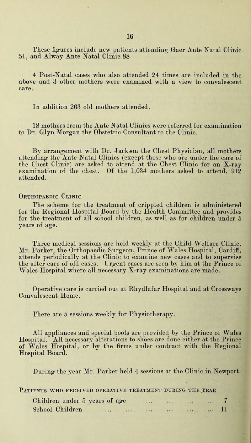 These figures include new patients attending Gaer Ante Natal Clinic 51, and Alway Ante Natal Clinic 88 4 Post-Natal cases who also attended 24 times are included in the above and 3 other mothers were examined with a view to convalescent care. In addition 263 old mothers attended. 18 mothers from the Ante Natal Clinics were referred for examination to Dr. Glyn Morgan the Obstetric Consultant to the Clinic. By arrangement with Dr. Jackson the Chest Physician, all mothers attending the Ante Natal Clinics (except those who are under the care of the Chest Clinic) are asked to attend at the Chest Clinic for an X-ray examination of the chest. Of the 1,034 mothers asked to attend, 912 attended. Orthopaedic Clinic The scheme for the treatment of crippled children is administered for the Regional Hospital Board by the Health Committee and provides for the treatment of all school children, as well as for children under 5 years of age. Three medical sessions are held weekly at the Child Welfare Clinic. Mr. Parker, the Orthopaedic Surgeon, Prince of Wales Hospital, Cardifl:, attends periodically at the Clinic to examine new cases and to supervise the after care of old cases. Urgent cases are seen by him at the Prince of Wales Hospital where all necessary X-ray examinations are made. Operative care is carried out at Rhydlafar Hospital and at Crossways Convalescent Home. There are 5 sessions weekly for Physiotherapy. All appliances and special boots are provided by the Prince of Wales Hospital. All necessary alterations to shoes are done either at the Prince of Wales Hospital, or by the firms under contract with the Regional Hospital Board. During the year Mr. Parker held 4 sessions at the Clinic in Newport. Patients who received operative treatment during the year Children under 5 years of age ... ... ... ... 7 School Children ... ... ... ... ... ... 11