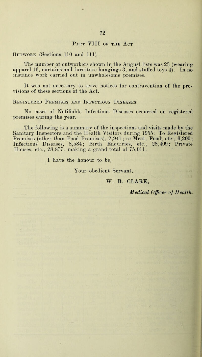 Part VIII of the Act Outwork (Sections 110 and 111) The number of outworkers shown in the August lists was 23 (wearing apparel 16, curtains and furniture hangings 3, and stuffed toys 4). In no instance work carried out in unwholesome premises. It was not necessary to serve notices for contravention of the pro- visions of these sections of the Act. Registered Premises and Infectious Diseases No cases of Notifiable Infectious Diseases occurred on registered premises during the year. The following is a summary of the inspections and visits made by the Sanitary Inspectors and the Healtli Visitors during 1955 : To Registered Premises (other than Food Premises), 2,941; re Meat, Food, etc., 6,200; Infectious Diseases, 8,584; Birth Enquiries, etc., 28,409; Private Houses, etc., 28,877; making a grand total of 7’5,011. I have the honour to be. Your obedient Servant, W. B. CLARK, Medical Officer of Health.
