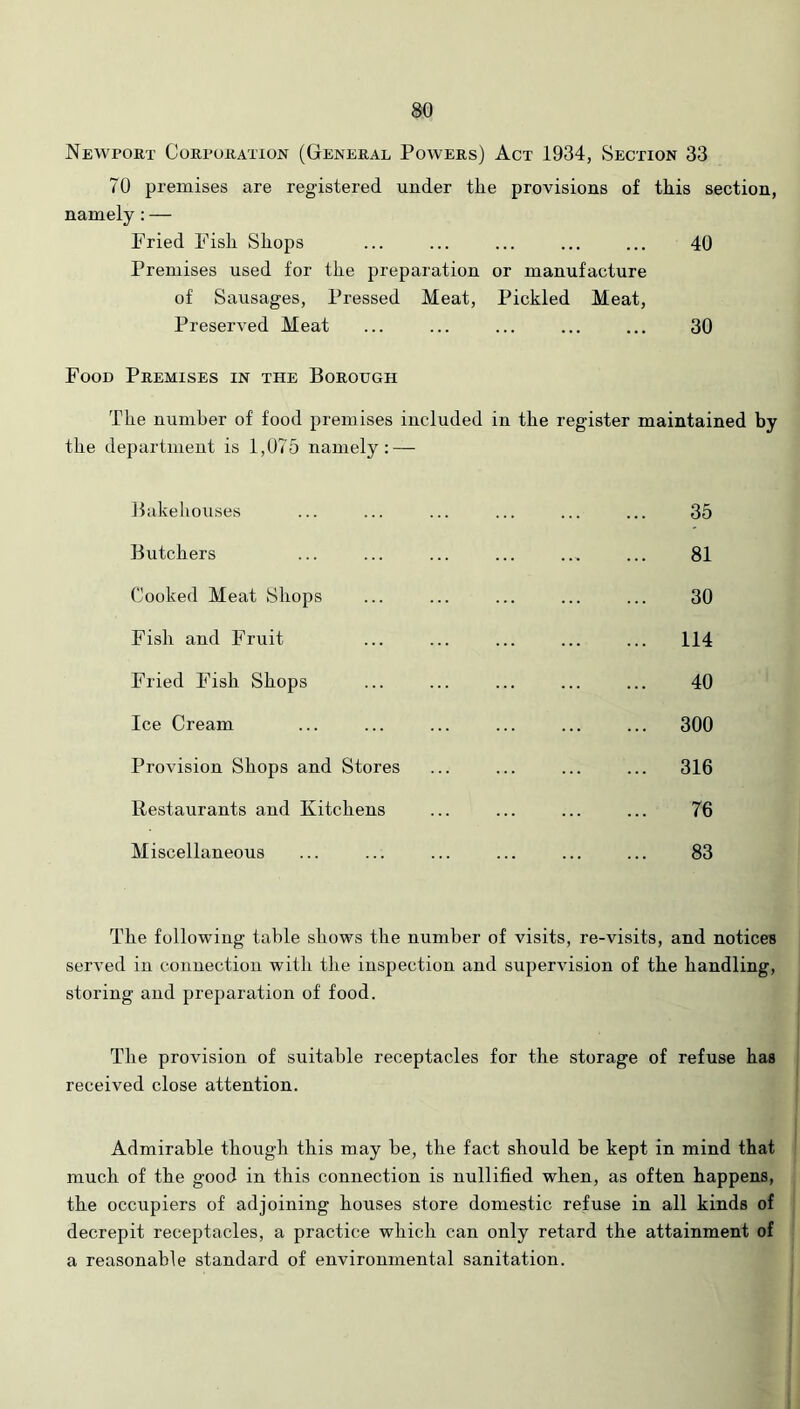 Newport Corporation (General Powers) Act 1934, Section 33 70 premises are registered under the provisions of this section, namely : — Fried Fish Shops ... ... ... ... ... 40 Premises used for the preparation or manufacture of Sausages, Pressed Meat, Pickled Meat, Preserved Meat ... ... ... ... ... 30 Food Premises in the Borough The number of food premises included in the register maintained by the department is 1,075 namely: — Bakehouses ... ... ... ... ... ... 35 Butchers ... ... ... ... ... ... 81 Cooked Meat Shops ... ... ... ... ... 30 Fish and Fruit ... ... ... ... ... 114 Fried Fish Shops ... ... ... ... ... 40 Ice Cream ... ... ... ... ... ... 300 Provision Shops and Stores ... ... ... ... 316 Restaurants and Kitchens ... ... ... ... 76 Miscellaneous ... ... ... ... ... ... 83 The following table shows the number of visits, re-visits, and notices serA-ed in connection with the inspection and supervision of the handling, storing and preparation of food. The provision of suitable receptacles for the storage of refuse has received close attention. Admirable though this may be, the fact should be kept in mind that much of the good in this connection is nullified when, as often happens, the occupiers of adjoining houses store domestic refuse in all kinds of decrepit receptacles, a practice which can only retard the attainment of a reasonable standard of environmental sanitation.