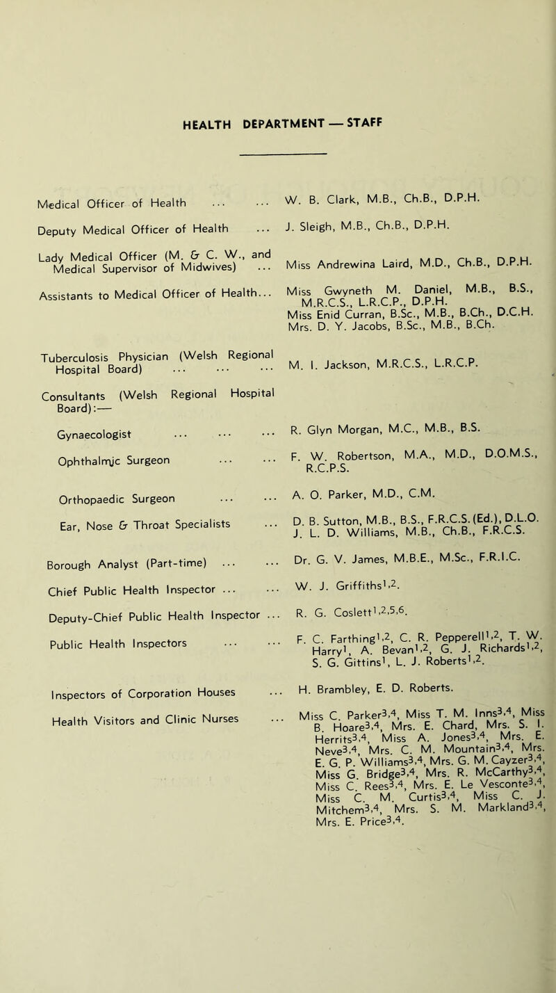 HEALTH DEPARTMENT —STAFF Medical Officer of Health Deputy Medical Officer of Health Lady Medical Officer (M. & C. W., and Medical Supervisor of Midwives) Assistants to Medical Officer of Health... Tuberculosis Physician (Welsh Regional Hospital Board) Consultants (Welsh Regional Hospital Board);— Gynaecologist Ophthalnrvjc Surgeon Orthopaedic Surgeon Ear, Nose & Throat Specialists Borough Analyst (Part-time) Chief Public Health Inspector Deputy-Chief Public Health Inspector ... Public Health Inspectors Inspectors of Corporation Houses Health Visitors and Clinic Nurses W. B. Clark, M.B., Ch.B., D.P.H. J. Sleigh, M.B., Ch.B., D.P.H. Miss Andrewina Laird, M.D., Ch.B., D.P.H. Miss Gwyneth M. Daniel, M.B., B.S., M.R.C.S., L.R.C.P., D.P.H. Miss Enid Curran, B.Sc., M.B., B.Ch., D.C.H. Mrs. D. Y. Jacobs, B.Sc., M.B., B.Ch. M. I. Jackson, M.R.C.S., L.R.C.P. R. Glyn Morgan, M.C., M.B., B.S. F W Robertson, M.A., M.D., D.O.M.S., ' R.C'.P.S. A. O. Parker, M.D., C.M. D B. Sutton, M.B., B.S., F.R.C.S. (Ed.), D.L.O. J. L. D. Williams, M.B., Ch.B., F.R.C.S. Dr. G. V. James, M.B.E., M.Sc., F.R.I.C. W. J. Griffiths’2. R. G. Coslett’’2,5,6. F. C. Farthing’.2, C. R. Pepperell’.2, T W. Harry’, A. Bevan’>2, G. J. Richards’-2, S. G. Gittins’, L. J. Roberts’.2. H. Brambley, E. D. Roberts. Miss C. Parker3.4, Miss T. M. Inns^H, Miss B. Hoare3,4, Mrs. E. Chard, Mrs. S. I. Herrits3’^, Miss A. Jones^.'^, Mrs. E. Neve3.^, Mrs. C. M. Mountain3.4, Mrs. E G P.’Williams3.4, Mrs. G. M.Cayzer3.4, Miss G. Bridge3,4, Mrs. R. McCarthy3.4, Miss C Rees3’4, Mrs. E. Le Vesconte3’'’, Miss C. M. Curtis3,‘^, Miss C. J. Mitchem3.’, Mrs. S. M. Markland3.^, Mrs. E. Price3,4.