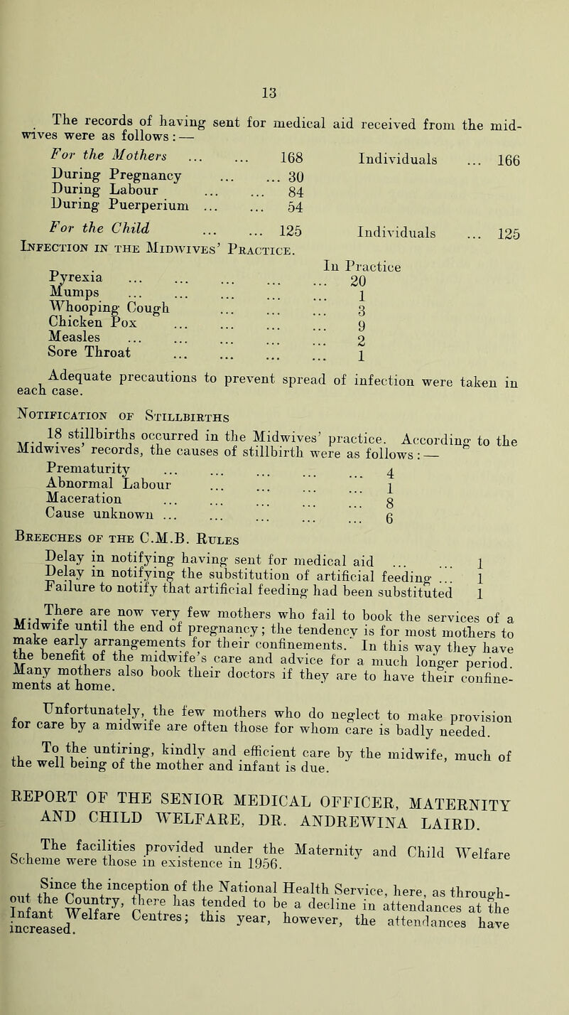 The records of having sent for medical aid received from the mid- wives were as follows : — For the Mothers During Pregnancy During Labour During Puerperium 168 30 ... 84 ... 54 For the Child 125 Infection in the Midwives’ Practice. Individuals Individuals 166 125 Pyrexia Mumps Whooping Cough Chicken Pox Measles Sore Throat In Practice . 20 1 3 9 2 1 Adequate precautions to prevent spread of infection were taken in each case. Notification of Stillbirths 18 stillbirths occurred in the Midwives’ practice. According to the Midwives records, the causes of stillbirth were as follows: 4 1 Prematurity Abnormal Labour Maceration Cause unknown ... Breeches of the C.M.B. Rules Delay in notifying having sent for medical aid .. 1 Delay in notifying the substitution of artificial feeding 1 T allure to notify that artificial feeding had been substituted 1 There are now very few mothers who fail to book the services of a Midwife until the end of pregnancy; the tendencv is for most mothers to make early arrangements for their confinements.' In this way they have the benefit of the midwife s care and advice for a much lohger period. Many mothers also book their doctors if they are to have their confine- ments at home. Unfortunately, the few mothers who do neglect to make provision tor care by a midwife are often those for whom care is badly needed. IV,. and efficient care by the midwife, much of the well being of the mother and infant is due. REPORT OF THE SENIOR MEDICAL OFFICER, MATERNITY AND CHILD WELFARE, DR. ANDREWINA LAIRD. The facilities provided under the Maternity and Child Welfare Scheme were those in existence in 1956. the inception of the National Health Service, here, as through- TuLIV attendances at the Centres; this year, however, the attendances have