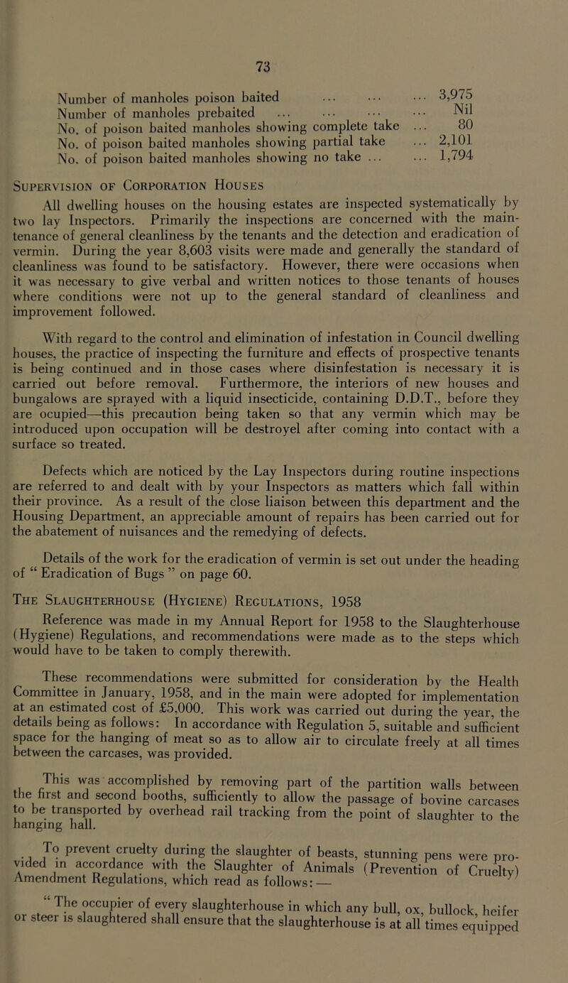 Number of manholes poison baited Number of manholes prebaited No. of poison baited manholes showing complete take No. of poison baited manholes showing partial take No. of poison baited manholes showing no take ... 3,975 Nil 80 2,101 1,794 Supervision of Corporation Houses All dwelling houses on the housing estates are inspected systematically by two lay Inspectors. Primarily the inspections are concerned with the main- tenance of general cleanliness by the tenants and the detection and eradication of vermin. During the year 8,603 visits were made and generally the standard of cleanliness was found to be satisfactory. However, there were occasions when it was necessary to give verbal and written notices to those tenants of houses where conditions were not up to the general standard of cleanliness and improvement followed. With regard to the control and elimination of infestation in Council dwelling houses, the practice of inspecting the furniture and effects of prospective tenants is being continued and in those cases where disinfestation is necessary it is carried out before removal. Furthermore, the interiors of new houses and bungaloAvs are sprayed with a liquid insecticide, containing D.D.T., before they are ocupied—this precaution being taken so that any vermin which may be introduced upon occupation will be destroyel after coming into contact with a surface so treated. Defects which are noticed by the Lay Inspectors during routine inspections are referred to and dealt with by your Inspectors as matters which fall within their province. As a result of the close liaison between this department and the Housing Department, an appreciable amount of repairs has been carried out for the abatement of nuisances and the remedying of defects. Details of the work for the eradication of vermin is set out under the heading of “ Eradication of Bugs ” on page 60. The Slaughterhouse (Hygiene) Regulations, 1958 Reference was made in my Annual Report for 1958 to the Slaughterhouse (Hygiene) Regulations, and recommendations were made as to the steps which would have to be taken to comply therewith. These recommendations were submitted for consideration by the Health Committee in January, 1958, and in the main were adopted for implementation at an estimated cost of £5,000. This work was carried out during the year, the details being as follows: In accordance with Regulation 5, suitable and sufficient space for the hanging of meat so as to allow air to circulate freely at all times between the carcases, was provided. This was accomplished by removing part of the partition walls between the first and second booths, sufficiently to allow the passage of bovine carcases to be transported by overhead rail tracking from the point of slaughter to the hanging hall. To prevent cruelty during the slaughter of beasts, stunning pens were pro- vided in accordance with the Slaughter of Animals (Prevention of Cruelty) Amendment Regulations, which read as follows:— ^ “ The occupier of every slaughterhouse in which any bull, ox, bullock, heifer or steer is slaughtered shall ensure that the slaughterhouse is at all times equipped