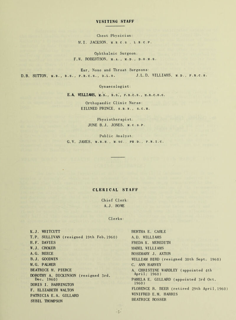 VISITING STAFF Chest Physician: IVl. I. J ACKSON, MR c.s , L.R.C.P. Ophthalmic Surgeon; F.W. ROBERTSON, m.a., m.d., d-Om.s. Ear, Nose and Throat Surgeons: D.B. SUTTON, M.B., B.S., f.r.c.s., d.l.o. J.L.D. WILLIAMS, mb,, f.r.c.s. Gynaecologist; E.A. WILLIAMS, m.b. , b.s.', f.r.c.s., m.r.c.o.g. Orthopaedic Clinic Nurse: EILUNED PRINCE, s.r.n., s.c.m. Physiotherapist; JUNE B.J. JONES, M,c,s.p. Public Analyst; G.V. JAMES, m.b.e,, m.sc. ph d., f.r.i.c. CLERICAL STAFF Chief Clerk: A.J. ROWE Clerks: K.J. WHITCUTT T.P. SULLIVAN (resigned 19th Feb.I960) H.F. DAVIES W.J. CROKER A. G. REECE B. J. GOODWIN M.G. PALMER BEATRICE M. PIERCE DOROTHY A. DICKINSON (resigned 3rd, Dec. I960) DORIS I. BARRINGTON F. ELIZABETH WALTON PATRICIA E.A. GILLARD SYBIL THOMPSON BERTHA E. CABLE A.D. WILLIAMS FREDA K. MEREDITH MABEL WILLIAMS ROSEMARY J. AXTON WILLIAM BIRD (resigned 30th Sept. I960) C. ANN HARVEY A. CHRISTINE WARDLEY (appointed 4th April- I960) PAMELA E. GILLARD (appointed 3rd Oct. 1960) FLORENCE R. BEER (retired 29th April,I960) WINIFRED E.M. HARRIS BEATRICE ROSSER