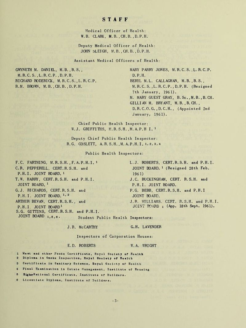 STAFF Medical Officer of Health; W.B. CLARK, M.B. ,CH.B. ,D.P.H. Deputy Medical Officer of Health: JOHN SLEIGH, M.B. ,CH.B. , D.P.H. Assistant Medical Officers of Health: GWYNETH M. DANIEL, M.B. ,B. S. , M.R.C.S. ,L.R.C.P. ,D.P.H. RICHARD RODERia, M. R. C. S., L. R. C. P R.M. BROWN, M.B. ,CH.B, , D.P.H. MARY PARRY JONES, M. R. C. S. . L. R. C. P. D.P.H. BERYL M.L. CALLAGHAN, M.B. ,B. S. , M.R.C.S. ,L.R.C.P. , D.P.H. (Resigned 7th January, 1961). M. MARY GUEST GRAY, B.Sc.,M.B.,B. CH GILLIAN M. BRYANT, M. B. ,B. CH.. D.R. C.0.G.,D.C.H., (Appointed 2nd January, 1961). Chief Public Health Inspector: W.J. GRIFFITHS, M. R. S.H. ,M. A.P. H I.^ Deputy Chief Public Health Inspector: R.G. COSLETT, A. R. S.H. ,M. A.P.H. I. i, 2. 3, 4 Public Health F. C. FARTHING, M.R.S.H.,F.A,P.H.I. i C.R. PEPPERELL, CERT.R.S.H. and P.H.I. JOINT BOARD. i T.W. HARRY, CERT.R.S.H. and P.H.I. JOINT BOARD. ^ G. J. RICHARDS, CERT.R.S.H. and P.H.I. JOINT BOARD. ^ ARTHUR BEVAN, CERT.R.S.H., and P.H.I. JOINT BOARD^ S.G. GITTINS, CERT.R.S.H. and P.H.I. JOINT BOARD 1.5,6. Student Public j.R. McCarthy Inspectors: L.J. ROBERTS, CERT.R.S.H. and P.H.I. JOINT BOARD. ^ (Resigned 28th Feb. 1961) J.C. BUCKINGHAM, CERT. R.S.H. and P.H.I. JOINT BOARD. P.G. BEBB, CERT.R.S.H. and P.H.I JOINT BOARD. J.B. WILLIAMS. CERT. R.S.H. and P.H.I JOINT BOARD 1 (App. 18th Sept. 1961). Health Inspectors: G.H. LAVENDER Inspectors of Corporation Houses: E.D. ROBERTS W. A. WRIGHT 1 Meat and other Foods Certificate, Hoyal Society of Health 2 Diploma In Smoke Inspection, Royal Society of Health 3 Certificate In Sanitary Solence, Royal Society of Health 4 Final Examination In Estate Management, Institute of Housing B HlgherH at 10 nal Certificate, Institute of Builders. 6 Licentiate Diploma, Institute of Builders. -3-