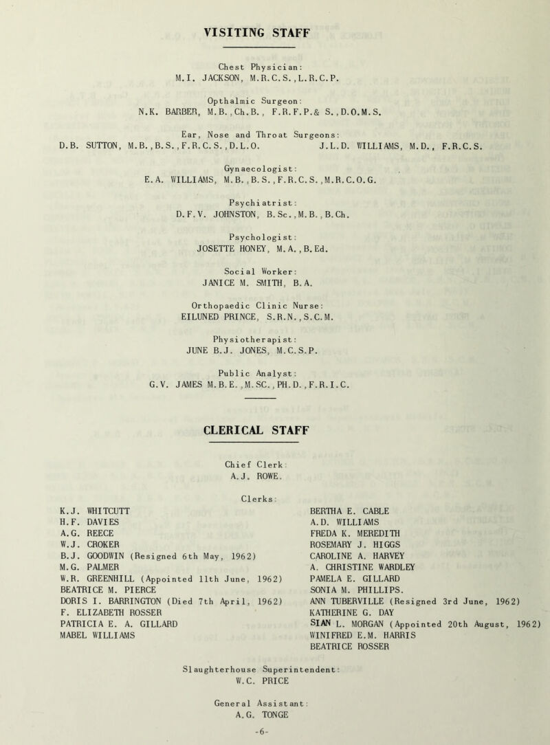 VISITING STAFF Chest Physician: M.I. JACKSON, M.R.C.S..L.R.C.P. Opthalmic Surgeon; N.K. BARBER, M.B. ,Ch.B. , F.R.F.P.S S. ,D.O.M.S. Ear, Nose and Throat Surgeons; D.B. SUTTON, M.B. ,B.S. ,F.R.C.S. ,D.L.O. J.L.D. WILLIAMS, M.D. , F.R.C.S. Gynaecologist: E.A. WILLIAMS, M.B.,B.S.,F.R.C.S.,M.R.C.0.G. PsychiatriSt: D.F.V. JOHNSTON, B.Sc.,M.B., B.Ch. Psychologist; JOSETTE HONEY, M.A. ,B.Ed. Social Worker: JANICE M. SMITH, B. A. Orthopaedic Clinic Nurse: EILUNED PRINCE, S.R.N.,S.C.M. Physiotherapist: JUNE B.J. JONES, M.C.S.P. Public Analyst: G.V. JAMES M.B.E. ,M.SC.,PH.D. .F.R.I.C. CLERICAL STAFF Chief Clerk A.J. ROWE. Clerks K.J. WHITCUTT H.F. DAVIES A. G. REECE W.J. CROKER B. J. GOODWIN (Resigned 6th May, 1962) M.G. PALMER W.R. GREENHILL (Appointed 11th June, 1962) BEATRICE M. PIERCE DORIS I. BARRINGTON (Died 7th April, 1962) F. ELIZABETH ROSSER PATRICIA E. A. GILLARD MABEL WILLIAMS BERTHA E. CABLE A.D. WILLIAMS FREDA K. MEREDITH ROSEMARY J. HIGGS CAROLINE A. HARVEY A. CHRISTINE WARDLEY PAMELA E, GILLARD SONIA M. PHILLIPS. ANN TUBERVILLE (Resigned 3rd June, 1962) KATHERINE G. DAY SIAN L. MORGAN (Appointed 20th August, 1962) WINIFRED E.M. HARRIS BEATRICE ROSSER Slaughterhouse Superintendent: W.C. PRICE General Assistant: A.G. TONGE -6-