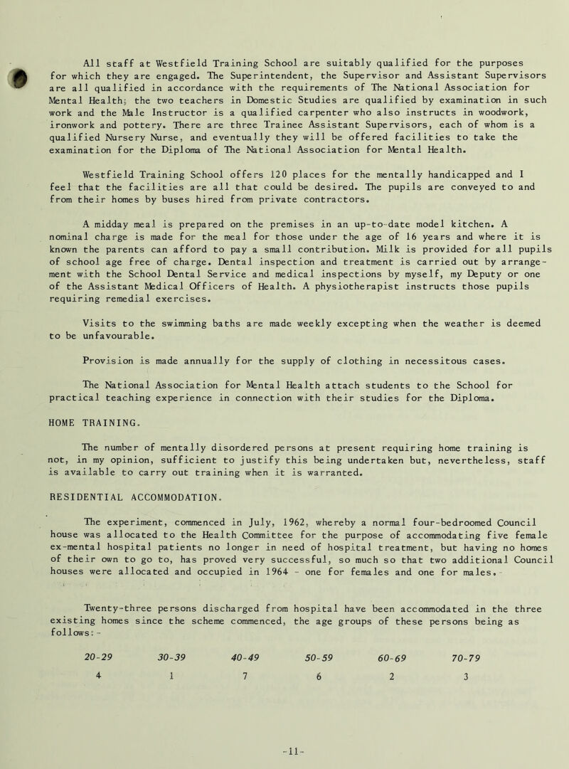 All staff at Westfield Training School are suitably qualified for the purposes for which they are engaged. The Superintendent, the Supervisor and Assistant Supervisors are all qualified in accordance with the requirements of The National Association for Mental Health; the two teachers in Domestic Studies are qualified by examination in such work and the Male Instructor is a qualified carpenter who also instructs in woodwork, ironwork and pottery. There are three Trainee Assistant Supervisors, each of whom is a qualified Nursery Nurse, and eventually they will be offered facilities to take the examination for the Diploma of The National Association for Mental Health. Westfield Training School offers 120 places for the mentally handicapped and I feel that the facilities are all that could be desired. The pupils are conveyed to and from their homes by buses hired from private contractors. A midday meal is prepared on the premises in an up-to-date model kitchen. A nominal charge is made for the meal for those under the age of 16 years and where it is known the parents can afford to pay a small contribution. Milk is provided -for all pupils of school age free of charge. Dental inspection and treatment is carried out by arrange- ment with the School Dental Service and medical inspections by myself, my Deputy or one of the Assistant Medical Officers of Health. A physiotherapist instructs those pupils requiring remedial exercises. Visits to the swimming baths are made weekly excepting when the weather is deemed to be unfavourable. Provision is made annually for the supply of clothing in necessitous cases. The National Association for Mental Health attach students to the School for practical teaching experience in connection with their studies for the Diploma. HOME TRAINING. The number of mentally disordered persons at present requiring home training is not, in my opinion, sufficient to justify this being undertaken but, nevertheless, staff is available to carry out training when it is warranted. RESIDENTIAL ACCOMMODATION. The experiment, commenced in July, 1962, whereby a normal four-bedroomed Council house was allocated to the Health Committee for the purpose of accommodating five female ex-mental hospital patients no longer in need of hospital treatment, but having no homes of their own to go to, has proved very successful, so much so that two additional Council houses were allocated and occupied in 1964 - one for females and one for males. Twenty-three persons discharged from hospital have been accommodated in the three existing homes since the scheme commenced, the age groups of these persons being as follows s- 20-29 30-39 40-49 4 1 7 50-59 6 60-69 2 70-79 3 -11-