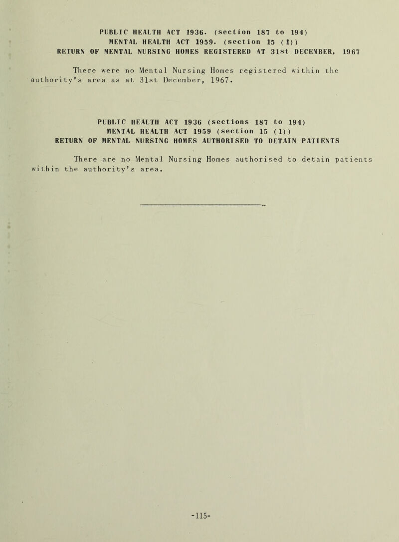 PUBLIC HEALTH ACT 1936. (section 187 to 194) MENTAL HEALTH ACT 1959. (section 15 (1)) RETURN OF MENTAL NURSING HOMES REGISTERED AT 31st DECEMBER, 1967 There were no Mental Nursing Homes registered within the authority’s area as at 31st December, 1967. PUBLIC HEALTH ACT 1936 (sections 187 to 194) MENTAL HEALTH ACT 1959 (section 15 (1)) RETURN OF MENTAL NURSING HOMES AUTHORISED TO DETAIN PATIENTS There are no Mental Nursing Homes authorised to detain patients within the authority’s area. -115-