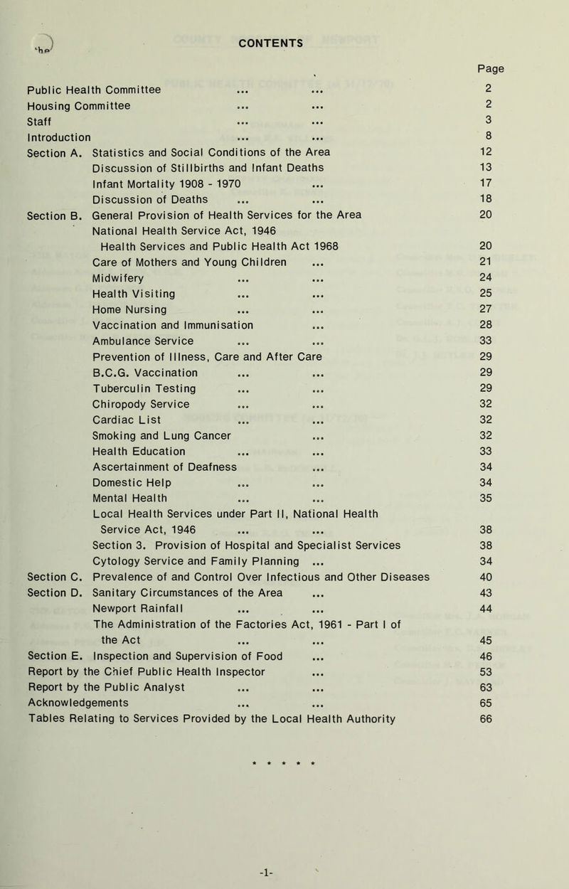 CONTENTS ■j Public Health Committee Housing Committee Staff Introduction Section A. Statistics and Social Conditions of the Area Discussion of Stillbirths and Infant Deaths Infant Mortality 1908 - 1970 Discussion of Deaths Section B. General Provision of Health Services for the Area National Health Service Act, 1946 Health Services and Public Health Act 1968 Care of Mothers and Young Children Midwifery Health Visiting Home Nursing Vaccination and Immunisation Ambulance Service Prevention of Illness, Care and After Care B.C.G. Vaccination Tuberculin Testing Chiropody Service Cardiac List Smoking and Lung Cancer Health Education Ascertainment of Deafness Domestic Help Mental Health Local Health Services under Part II, National Health Service Act, 1946 Section 3. Provision of Hospital and Specialist Services Cytology Service and Family Planning ... Prevalence of and Control Over Infectious and Other Diseases Sanitary Circumstances of the Area Newport Rainfall The Administration of the Factories Act, 1961 - Part I of the Act Inspection and Supervision of Food Report by the Chief Public Health Inspector Report by the Public Analyst Acknowledgements Tables Relating to Services Provided by the Local Health Authority Section C. Section D. Section E. Page 2 2 3 8 12 13 17 18 20 20 21 24 25 27 28 33 29 29 29 32 32 32 33 34 34 35 38 38 34 40 43 44 45 46 53 63 65 66 * * -1-