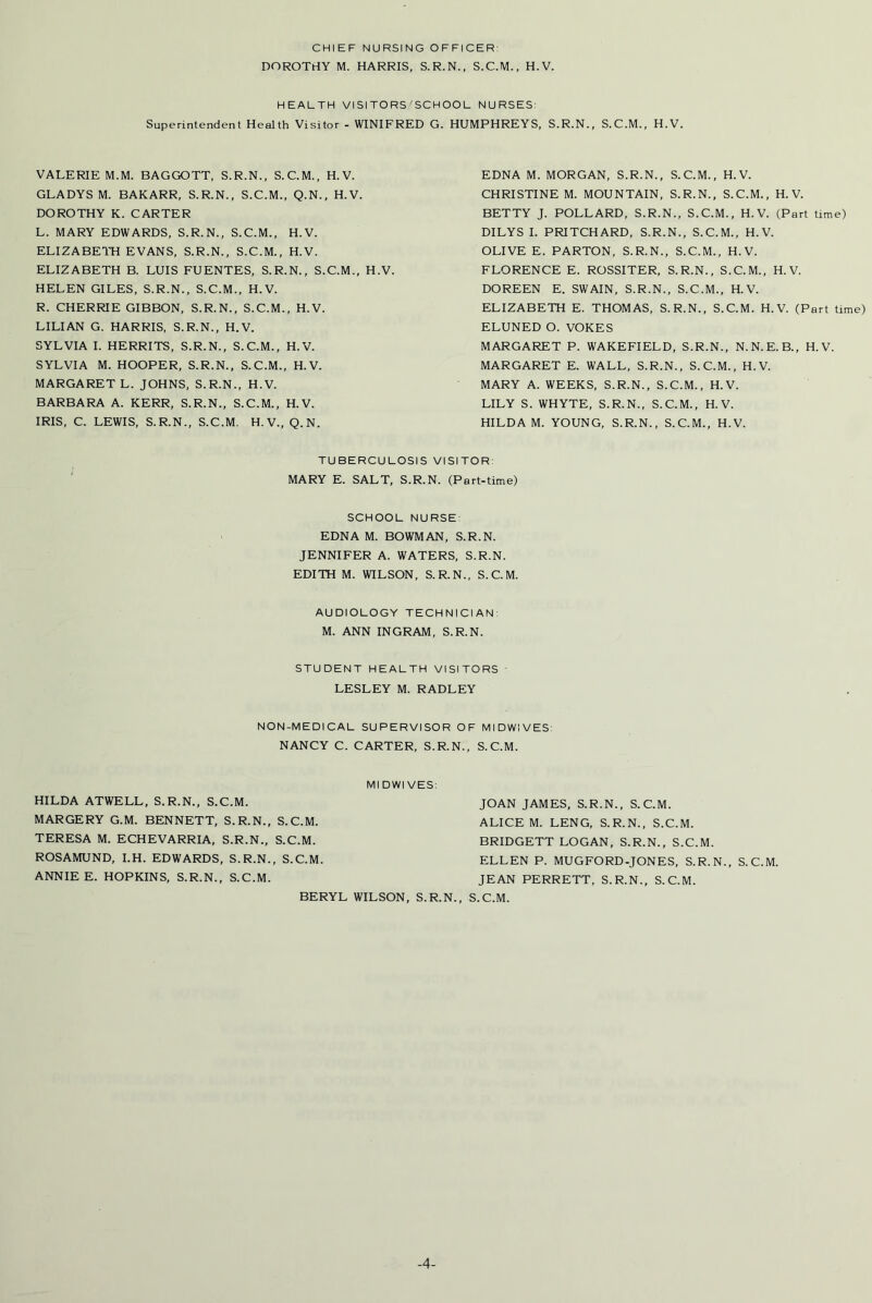 CHIEF NURSING OFFICER: DOROTHY M. HARRIS, S.R.N., S.C.M., H.V. HEALTH VISITORS'SCHOOL NURSES: Superintendent Health Visitor - WINIFRED G. HUMPHREYS, S.R.N., S.C.M., H.V. VALERIE M.M. BAGGOTT, S.R.N., S.C.M., H.V. GLADYS M. BAKARR, S.R.N., S.C.M., Q.N., H.V. DOROTHY K. CARTER L. MARY EDWARDS, S.R.N., S.C.M., H.V. ELIZABETH EVANS, S.R.N., S.C.M., H.V. ELIZABETH B. LUIS FUENTES, S.R.N., S.C.M., H.V. HELEN GILES, S.R.N., S.C.M., H.V. R. CHERRIE GIBBON, S.R.N., S.C.M., H.V. LILIAN G. HARRIS, S.R.N., H.V. SYLVIA I. HERRITS, S.R.N., S.C.M., H.V. SYLVIA M. HOOPER, S.R.N., S.C.M., H.V. MARGARET L. JOHNS, S.R.N., H.V. BARBARA A. KERR, S.R.N., S.C.M., H.V. IRIS, C. LEWIS, S.R.N., S.C.M. H.V., Q.N. EDNA M. MORGAN, S.R.N., S.C.M., H.V. CHRISTINE M. MOUNTAIN, S.R.N., S.C.M., H.V. BETTY J. POLLARD, S.R.N., S.C.M., H.V. (Part time) DILYS I. PRITCHARD, S.R.N., S.C.M., H.V. OLIVE E. PARTON, S.R.N., S.C.M., H.V. FLORENCE E. ROSSITER, S.R.N., S.C.M., H.V. DOREEN E. SWAIN, S.R.N., S.C.M., H.V. ELIZABETH E. THOMAS, S.R.N., S.C.M. H.V. (Part time) ELUNED O. VOKES MARGARET P. WAKEFIELD, S.R.N., N.N.E.B., H.V. MARGARET E. WALL, S.R.N., S.C.M., H.V. MARY A. WEEKS, S.R.N., S.C.M., H.V. LILY S. WHYTE, S.R.N., S.C.M., H.V. HILDA M. YOUNG, S.R.N., S.C.M., H.V. TUBERCULOSIS VISITOR: MARY E. SALT, S.R.N. (Part-time) SCHOOL NURSE: EDNA M. BOWMAN, S.R.N. JENNIFER A. WATERS, S.R.N. EDITH M. WILSON, S.R.N., S.C.M. AUDIOLOGY TECHNICIAN: M. ANN INGRAM, S.R.N. STUDENT HEALTH VISITORS LESLEY M. RADLEY NON-MEDICAL SUPERVISOR OF MIDWIVES: NANCY C. CARTER, S.R.N., S.C.M. MIDWIVES: HILDA ATWELL, S.R.N., S.C.M. MARGERY G.M. BENNETT, S.R.N., S.C.M. TERESA M. ECHEVARRIA, S.R.N., S.C.M. ROSAMUND, I.H. EDWARDS, S.R.N., S.C.M. ANNIE E. HOPKINS, S.R.N., S.C.M. JOAN JAMES, S.R.N., S.C.M. ALICE M. LENG, S.R.N., S.C.M. BRIDGETT LOGAN, S.R.N., S.C.M. ELLEN P. MUGFORD-JONES, S.R.N., S.C.M. JEAN PERRETT, S.R.N., S.C.M. BERYL WILSON, S.R.N., S.C.M. -4-