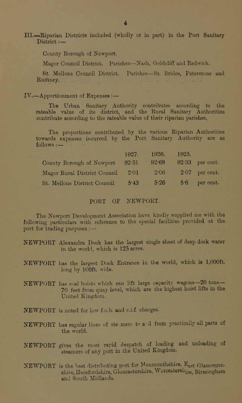 III.—Riparian Districts included (wholly or in part) in the Port Sanitary District:— County Borough of Newport. Magor Council District. Parishes—Nash, Goldcliff and Redwick. St. Mellons Council Distriot, Parishes—St. Brides, Peterstone and Rumney. ... „ _ IV.—Apportionment of Expenses :— The Urban Sanitary Authority contributes according to the rateable value of its district, and the Rural Sanitary Authorities contribute according to the rateable value of their riparian parishes, The proportions contributed by the various Riparian Authorities towards expenses iucurred by the Port Sanitary Authority are as follows :— County Borough of Newport Magor Rural District Council St. Mellons District Council PORT OF 1927. 1926. 1925. 92-51 92-68 92-33 per cent. 2'01 2'06 2-07 per cent. 5-43 5-26 5 6 per cent. NEWPORT. The Newport Development Association have kindly supplied me with the following particulars with reference to the special facilities provided at the port for trading purposes NEWPORT Alexandra Dock has the largest single sheet of deep dock water in the world, which is 125 acres. NEWPORT lias the largest Dock Entrance in the world, which is 1,000ft. long by ICOft. wide. NEWPORT has coal hoists which can lift large capacity wagons—20 tons— 70 feet from quay level, which are the highest hoist lifts in the United Kingdom. NEWPORT is noted for low f u.b. and c.i.f. charges. NEWPORT has regular lines of ste mers to a'd from practically all parts of the world. NEWPORT gives the most rapid despatch of loading and unloading of steamers of any port in the United Kingdom. NEWPORT is the best distributing port for Monmouthshire, EnQf Glamorgan- shire, Herefordshire, Gloucestershire, M orceaterslqre) Birmingham and South Midlands.