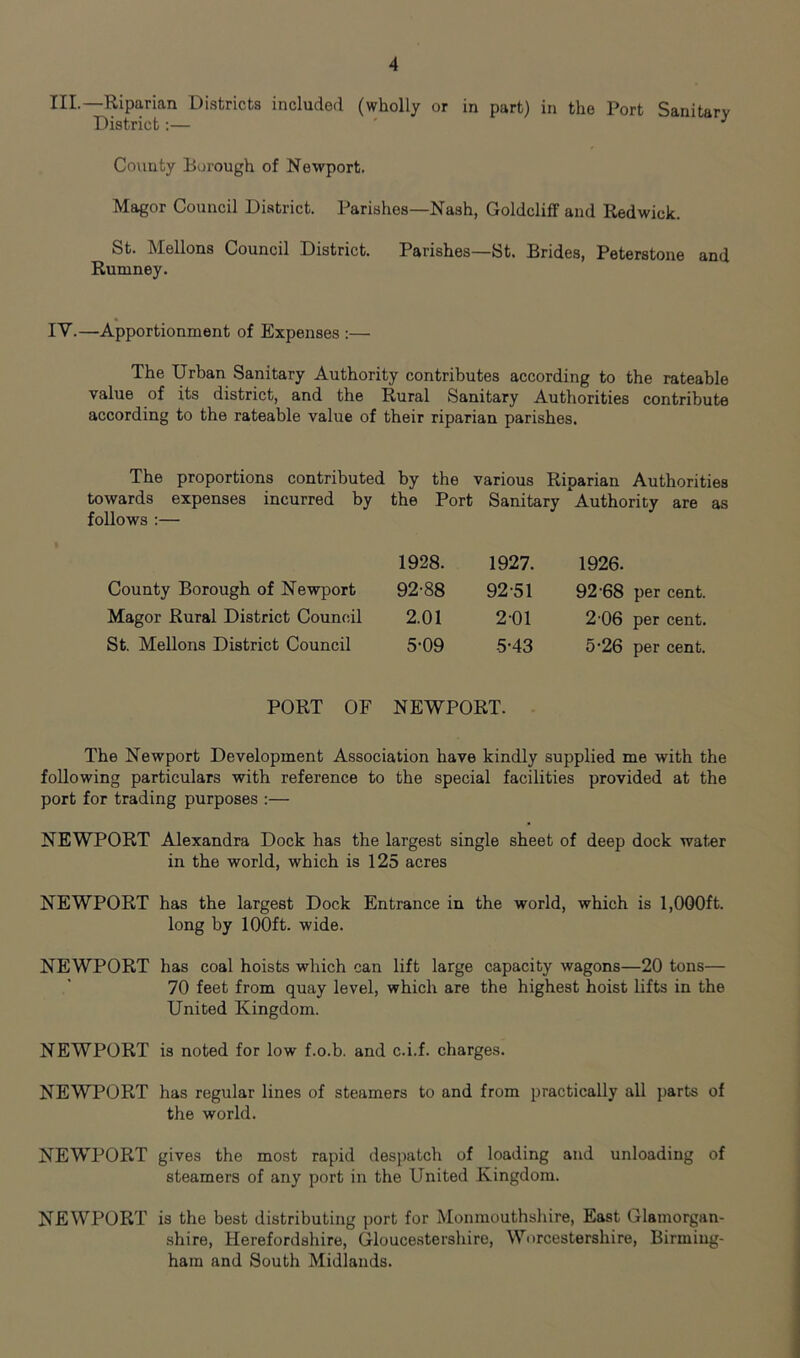 III.—Riparian Districts included (wholly or in part) in the Port Sanitary District:— ' ^ County Borough of Newport. Magor Council District. Parishes—Nash, Goldclifif and Redwick. St. Mellons Council District. Parishes—St. Brides, Peterstone and Rumney. IV.—Apportionment of Expenses :— The Urban Sanitary Authority contributes according to the rateable value of its district, and the Rural Sanitary Authorities contribute according to the rateable value of their riparian parishes. The proportions contributed by the various Riparian Authorities towards expenses incurred by follows :— the Port Sanitary Authority are as 1928. 1927. 1926. County Borough of Newport 92-88 92-51 92-68 per cent. Magor Rural District Council 2.01 2-01 2-06 per cent. St. Mellons District Council 5-09 5-43 5-26 per cent. PORT OF NEWPORT. The Newport Development Association have kindly supplied me with the following particulars with reference to the special facilities provided at the port for trading purposes :— NEWPORT Alexandra Dock has the largest single sheet of deep dock water in the world, which is 125 acres NEWPORT has the largest Dock Entrance in the world, which is 1,000ft. long by 100ft. wide. NEWPORT has coal hoists which can lift large capacity wagons—20 tons— 70 feet from quay level, which are the highest hoist lifts in the United Kingdom. NEWPORT is noted for low f.o.b. and c.i.f. charges. NEWPORT has regular lines of steamers to and from practically all parts of the world. NEWPORT gives the most rapid despatch of loading and unloading of steamers of any port in the United Kingdom. NEWPORT is the best distributing port for Monmouthshire, East Glamorgan- shire, Herefordshire, Gloucestershire, Worcestershire, Birming- ham and South Midlands.