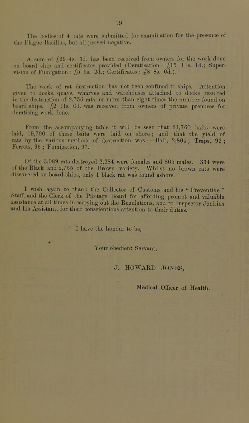 Tlie bodies of 4 rats were siibinittod for examination for the presence of the J’lague Jlacillus, but all ])roved negative. A sum of £29 4s. ‘Id. lia.s been received from owners for tlie work done on board ship and certificates ju’ovided (l)erati.sation : £15 11s. Id.; Super- vision of Fumigation: £5 5s. 2d.; Certificates: £8 8s. Od.). The work of rat destruction lias not been confined to ships. Attention given to docks, quays, wharves and warehouses attached to docks resulted in the destruction of 2,756 rats, or more than eight times the number found on board ships. £2 11s. Od. was received from owners of private premises for deratising work done. From the accompanying table it will be seen that 21,760 baits were laid, 19,790 of these baits were laid on shore; and that the yield of rats by the various methods of destruction was :—Bait, 2,804; Traps, 92; Ferrets, 96 ; Fumigation, 97. Of the 3,089 rats destroyed 2,284 were females and 805 males. 334 were of the Black and 2,755 of the Brown variety. Whilst no brown rats were discovered on board ships, only 1 black rat was found ashore. I wish again to thank the Collector of Customs and his “ Preventive ” Staff, and the Clerk of the Pilotage Board for affording prompt and valuable assistance at all times in carrying out tbe Kegulations, and to Inspector Jenkins and his Assistant, for their conscientious attention to their duties. I have the honour to be. Your obedient Servant, J. HOWARD JONES, Medical Officer of Health.