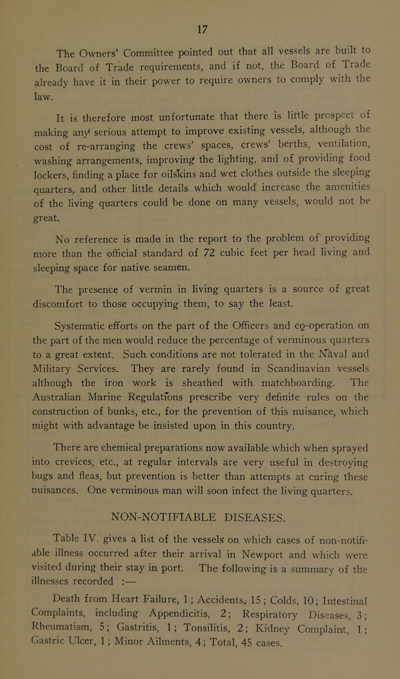 The Owners’ Committee pointed out that all vessels are built to the Board of Trade requirements, and if not, the Board of Trade already have it in their power to require owneis to comply with the law. It is therefore most unfortunate that there is little prospect of making any serious attempt to improve existing vessels, although the cost of re-arranging the crews’ spaces, crews’ berths, ventilation, washing arrangements, improving the lighting, and of providing food lockers, finding a place for oilskins and wet clothes outside the sleeping quarters, and other little details which would' increase the amenities of the living quarters could be done on many vessels, would not be great. No reference is made in the report to the problem of providing more than the official standard of 72 cubic feet per head living and sleeping space for native seamen. The presence of vermin in living quarters is a source of great discomfort to those occupying them, to say the least. Systematic efforts on the part of the Officers and co-operation on the part of the men would reduce the percentage of verminous quarters to a great extent. Such conditions are not tolerated in the Nltval and Military Services. They are rarely found in Scandinavian vessels although the iron work is sheathed with matchboarding. The Australian Marine Regulations prescribe very definite rules on the construction of bunks, etc., for the prevention of this nuisance, which might with advantage be insisted upon in this country. There are chemical preparations now available which when sprayed into crevices, etc., at regular intervals are very useful in destroying bugs and fleas, but prevention is better than attempts at curing these nuisances. One verminous man will soon infect the living quarters. NON-NOTIFIABLE DISEASES. Table IV. gives a list of the vessels on which cases of non-notifi- able illness occurred after their arrival in Newport and which were visited during their stay in port. The following is a summary of the illnesses recorded :— Death from Heart Failure, 1; Accidents,, 15; Colds, 10; Intestinal Complaints, including Appendicitis, 2; Respiratory Diseases, 3; Rheumatism, 5; Gastritis, 1; Tonsilitis, 2; Kidney Complaint, 1 ; Gastric Ulcer, 1; Minor Ailments, 4; Total, 45 cases.