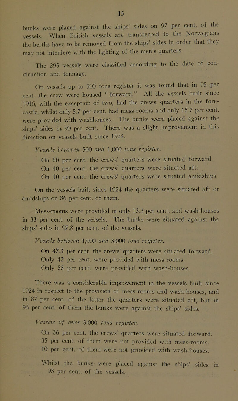 bunks were placed against the ships’ sides on 97 per cent, of the vessels. When British vessels are transferred to the Norwegians the berths have to be removed from the ships’ sides in order that they may not interfere with the lighting of the men s quaiteis. The 295 vessels were classified according to the date of con- struction and tonnage. On vessels up to 500 tons register it was found that in 95 pei cent, the crew were housed “ forward. ’ All the vessels built since 1916, with the exception of two, had the crews’ quarters in the fore- castle, whilst only 5.7 per cent, had mess-rooms and only 15.7 per cent, were provided with washhouses. The bunks were placed against the ships’ sides in 90 per cent. There was a slight improvement in this direction on vessels built since 1924. Vessels between 500 and 1,000 tons register. On 50 per cent, the crews’ quarters were situated forward. On 40 per cent, the crews’ quarters were situated aft. On 10 per cent, the crews’ quarters were situated amidships. On the vessels built since 1924 the quarters were situated aft or amidships on 86 per cent, of them. Mess-rooms were provided in only 13.3 per cent, and wash-houses in 33 per cent, of the vessels. The bunks were situated against the ships’ sides in 97.8 per cent, of the vessels. Vessels between 1,000 and 3,000 tons register. On 47.3 per cent, the crews’ quarters were situated forward. Only 42 per cent, were provided with mess-rooms. Only 55 per cent, were provided with wash-houses. There was a considerable improvement in the vessels built since 1924 in respect to the provision of mess-rooms and wash-houses, and in 87 per cent, of the latter the quarters were situated aft, but in 96 per cent, of them the bunks were against the ships’ sides. Vessels of over 3,000 tons register. On 36 per cent, the crews’ quarters were situated forward. 35 per cent, of them were not provided with mess-rooms. 10 per cent, of them were not provided with wash-houses. Whilst the bunks were placed against the ships’ sides in 93 per cent, of the vessels.